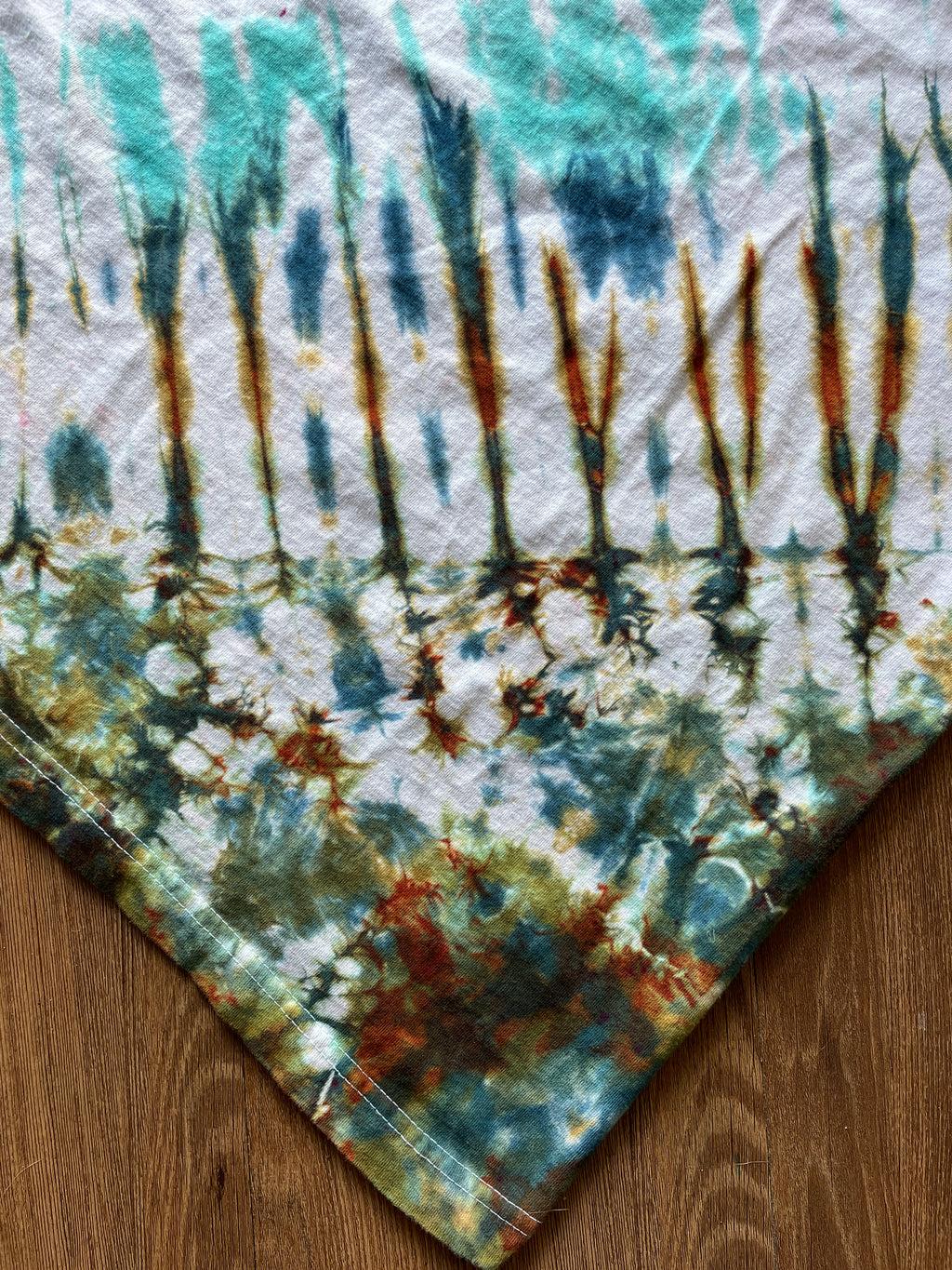 LARGE Men’s The Saddlery Bullrider Handmade Tie Dye T-Shirt | One-Of-a-Kind White, Blue, Green, and Brown Short Sleeve