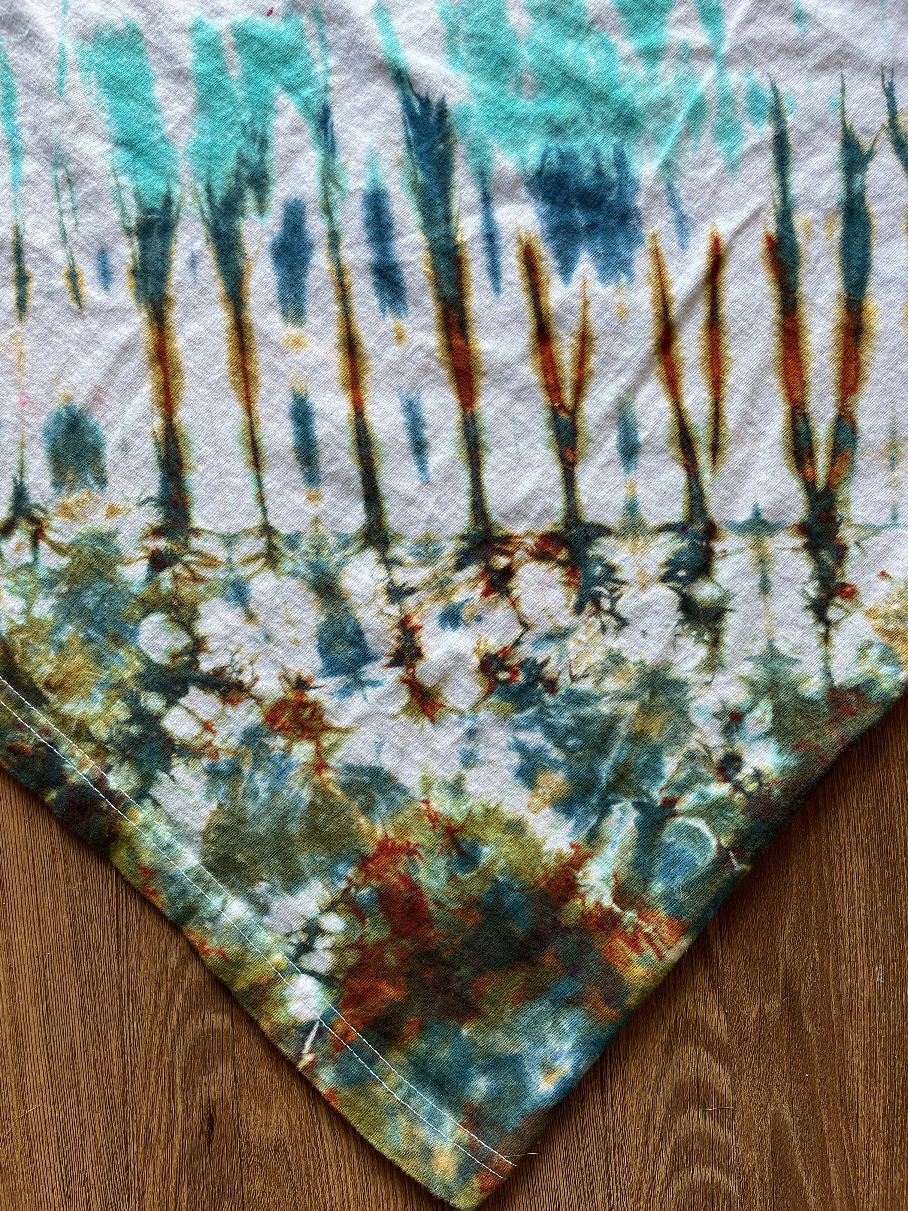 LARGE Men’s The Saddlery Bullrider Handmade Tie Dye T-Shirt | One-Of-a-Kind White, Blue, Green, and Brown Short Sleeve