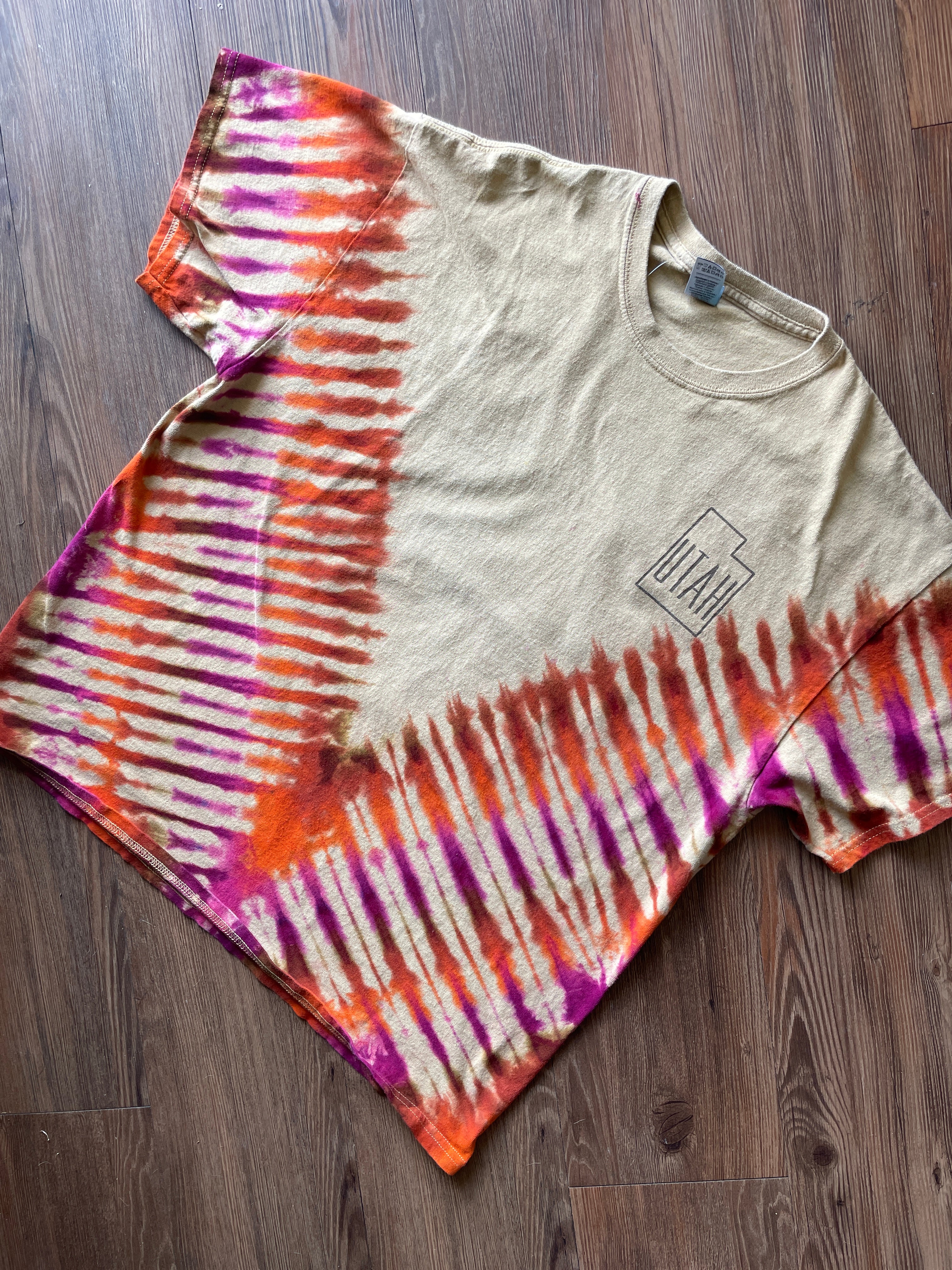 XL Men’s Utah Desert Arch Doublesided Handmade Tie Dye T-Shirt | One-Of-a-Kind Tan, Orange, and Red Short Sleeve