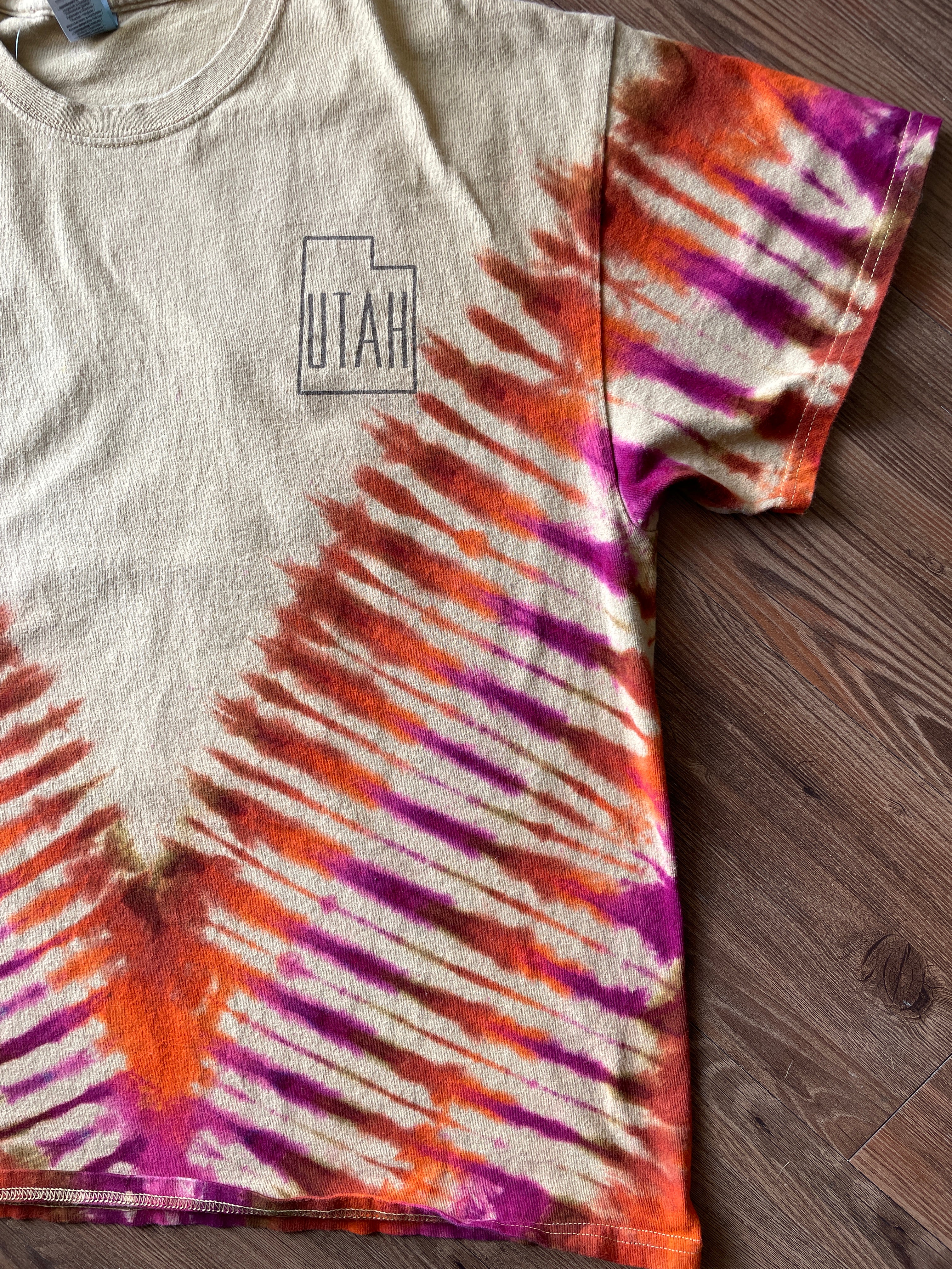 XL Men’s Utah Desert Arch Doublesided Handmade Tie Dye T-Shirt | One-Of-a-Kind Tan, Orange, and Red Short Sleeve