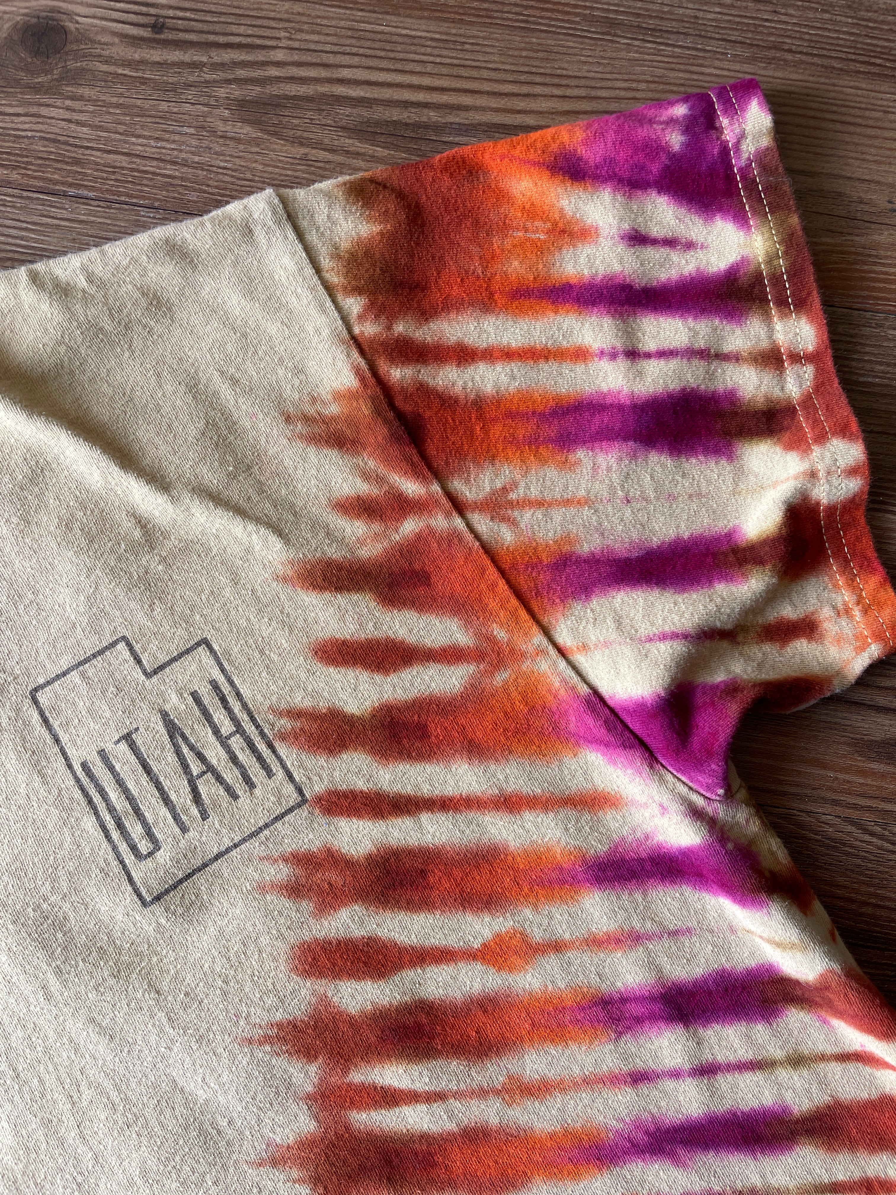 XL Men’s Utah Desert Arch Doublesided Handmade Tie Dye T-Shirt | One-Of-a-Kind Tan, Orange, and Red Short Sleeve