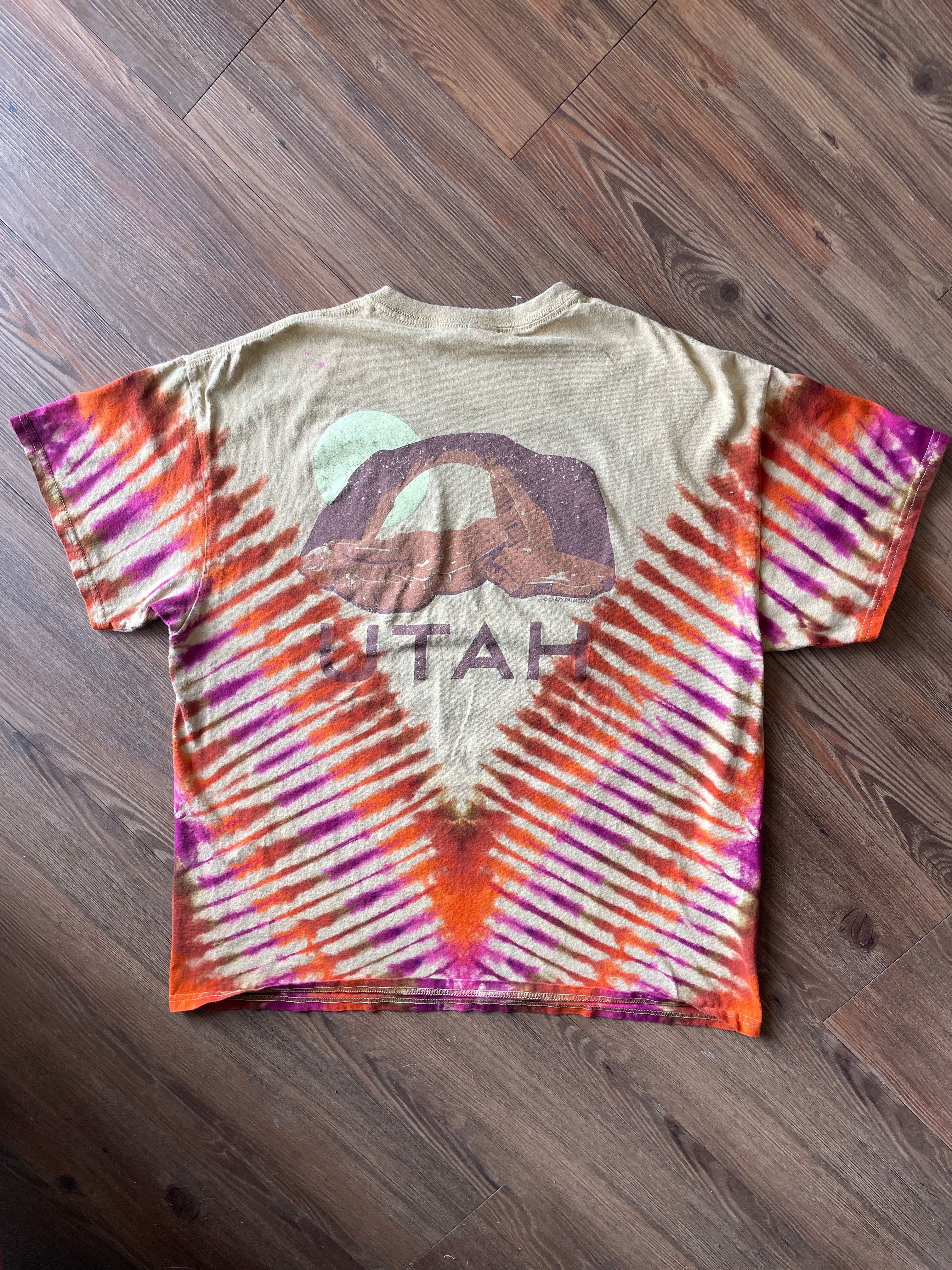 XL Men’s Utah Desert Arch Doublesided Handmade Tie Dye T-Shirt | One-Of-a-Kind Tan, Orange, and Red Short Sleeve