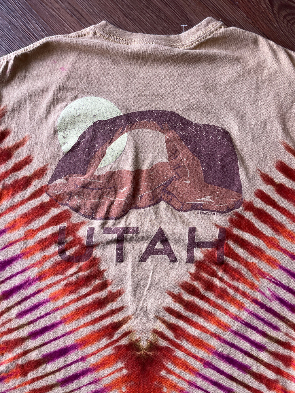 XL Men’s Utah Desert Arch Doublesided Handmade Tie Dye T-Shirt | One-Of-a-Kind Tan, Orange, and Red Short Sleeve