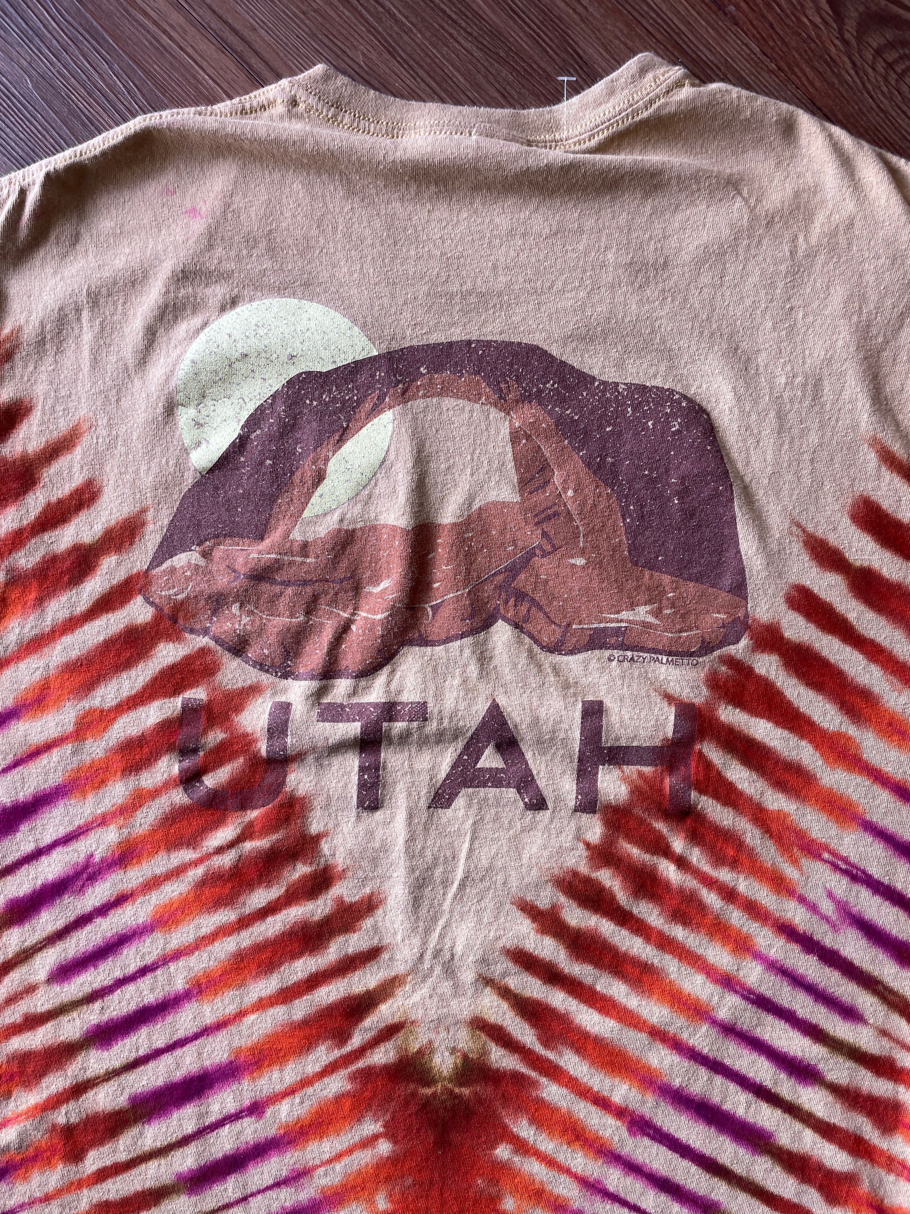 XL Men’s Utah Desert Arch Doublesided Handmade Tie Dye T-Shirt | One-Of-a-Kind Tan, Orange, and Red Short Sleeve