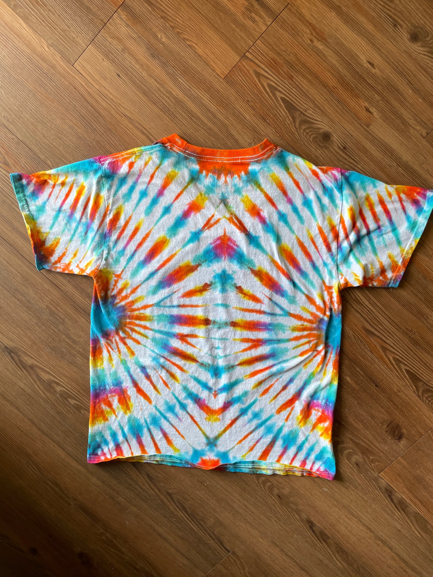LARGE Men’s Ocean Sunshine Handmade Tie Dye T-Shirt | One-Of-a-Kind Neon Pleated Short Sleeve