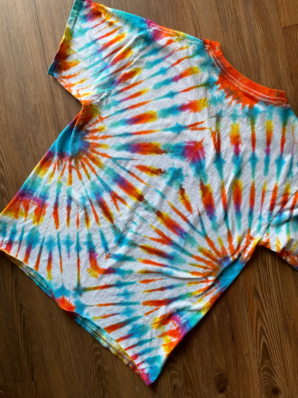 LARGE Men’s Ocean Sunshine Handmade Tie Dye T-Shirt | One-Of-a-Kind Neon Pleated Short Sleeve