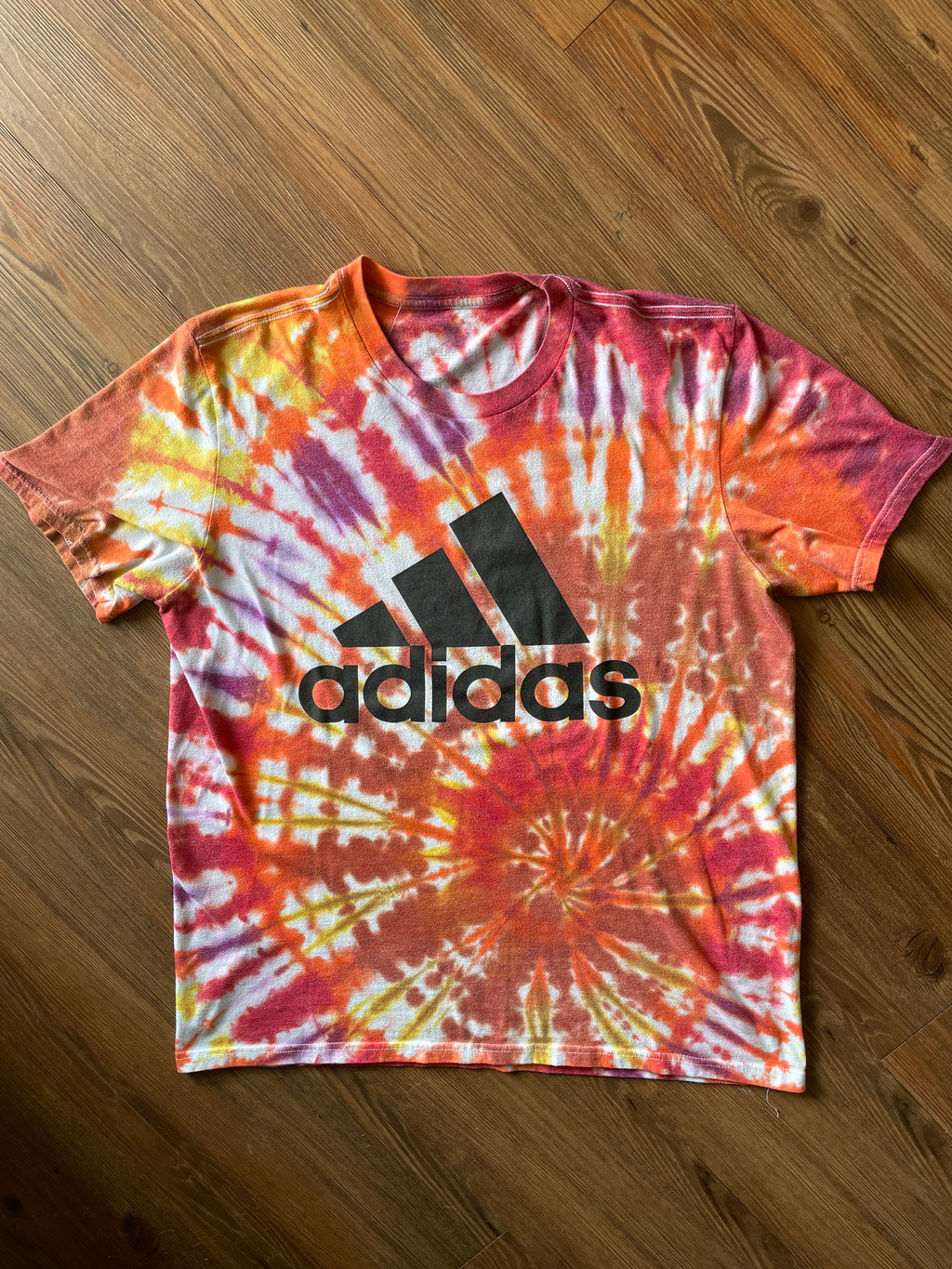 LARGE Men’s adidas Three Stripes Handmade Tie Dye T-Shirt | One-Of-a-Kind Orange, Red, and Yellow SpiralShort Sleeve