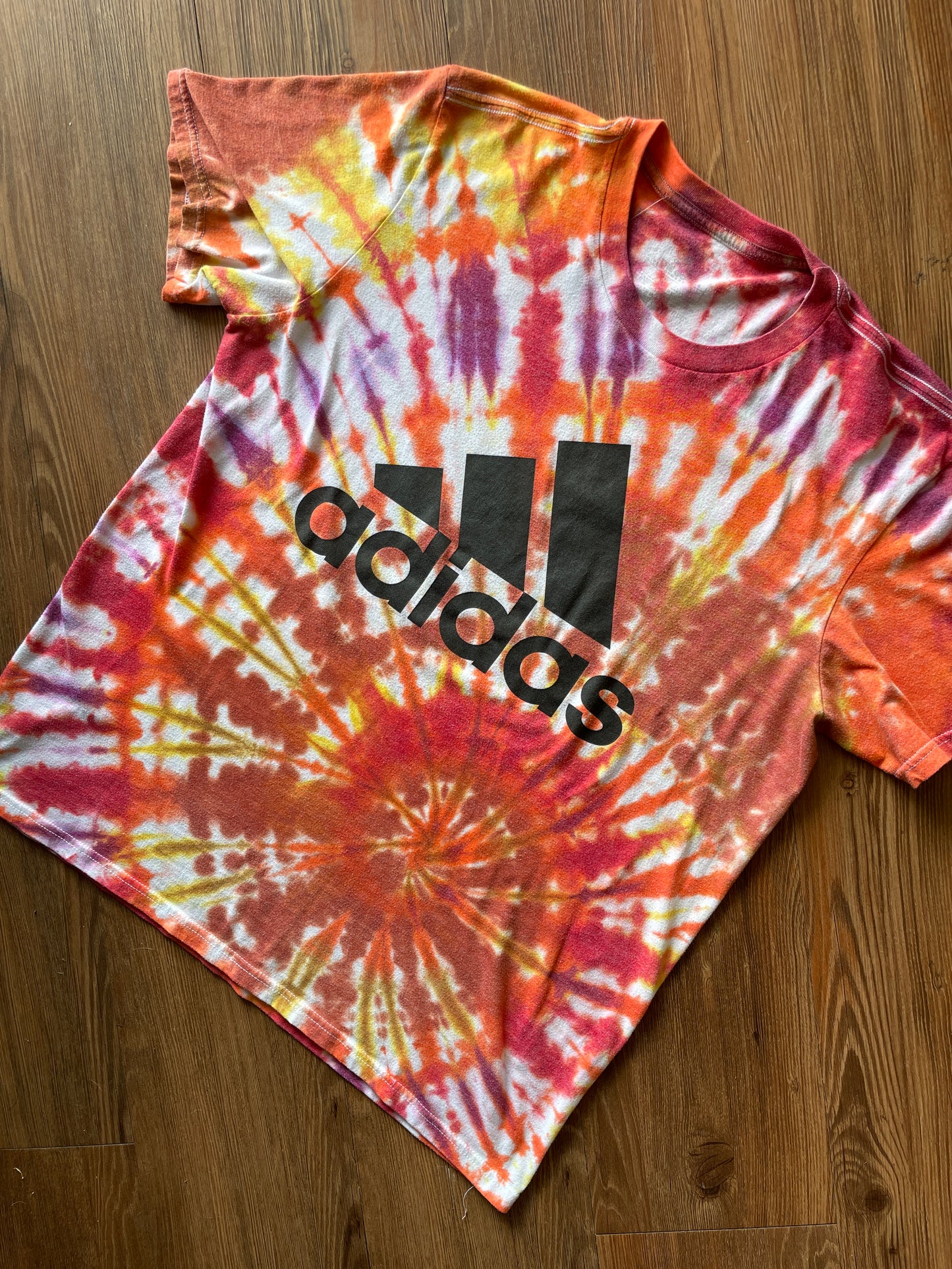 LARGE Men’s adidas Three Stripes Handmade Tie Dye T-Shirt | One-Of-a-Kind Orange, Red, and Yellow SpiralShort Sleeve