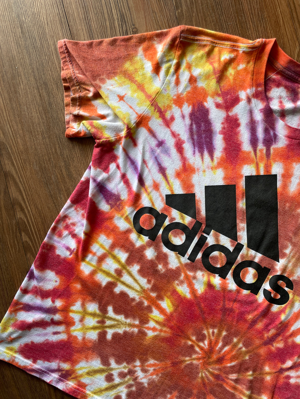 LARGE Men’s adidas Three Stripes Handmade Tie Dye T-Shirt | One-Of-a-Kind Orange, Red, and Yellow SpiralShort Sleeve