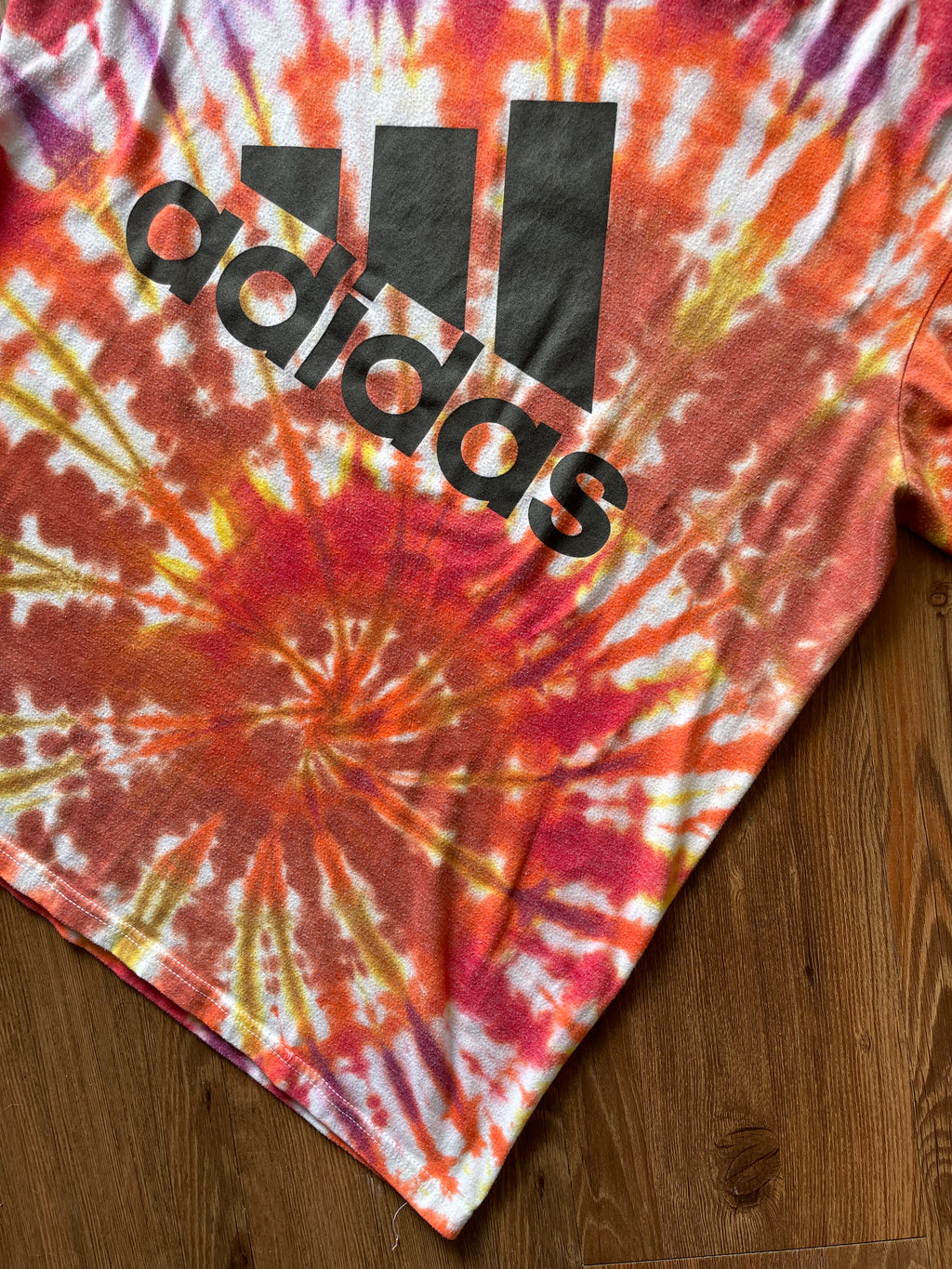 LARGE Men’s adidas Three Stripes Handmade Tie Dye T-Shirt | One-Of-a-Kind Orange, Red, and Yellow SpiralShort Sleeve