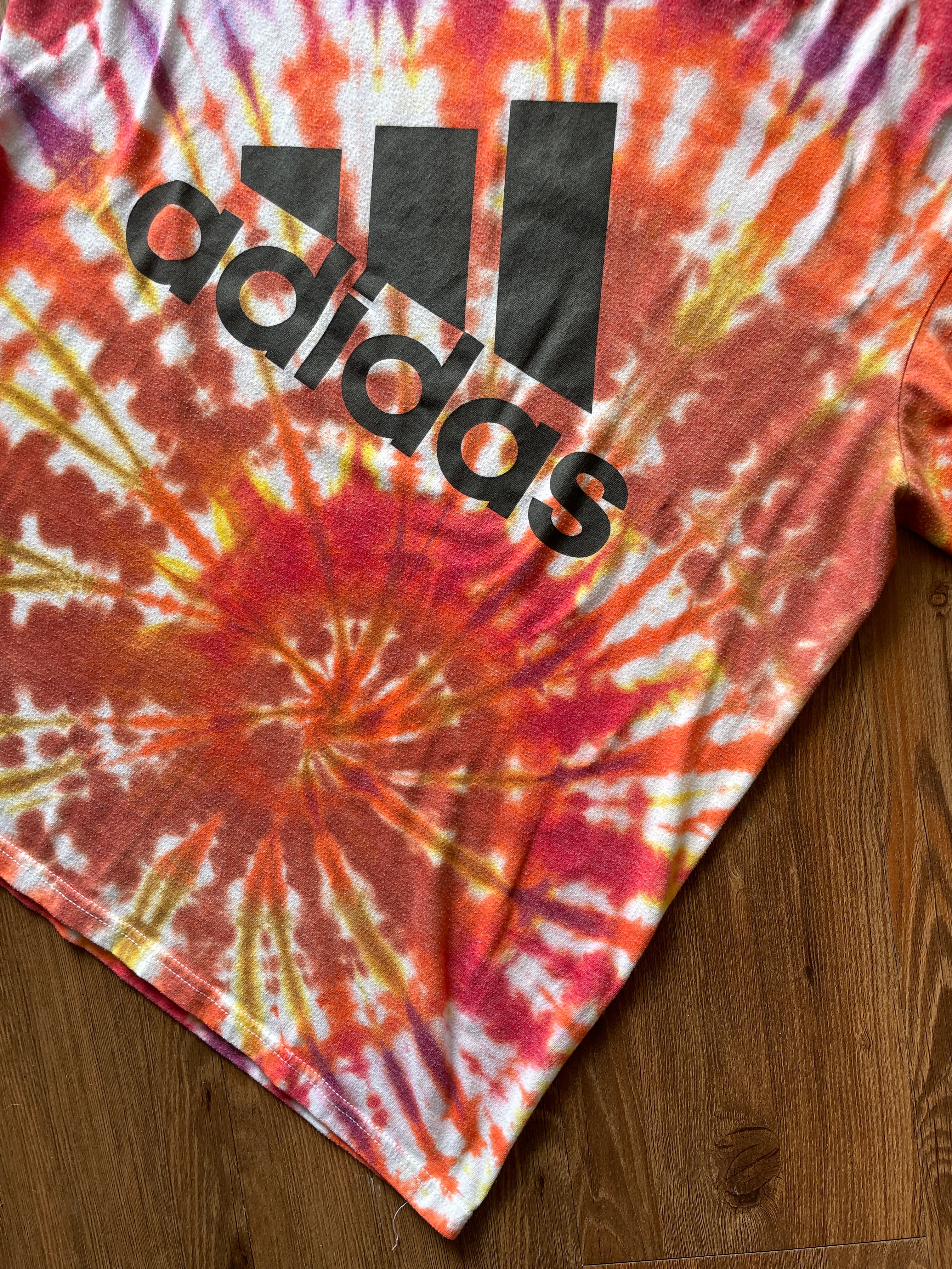 LARGE Men’s adidas Three Stripes Handmade Tie Dye T-Shirt | One-Of-a-Kind Orange, Red, and Yellow SpiralShort Sleeve