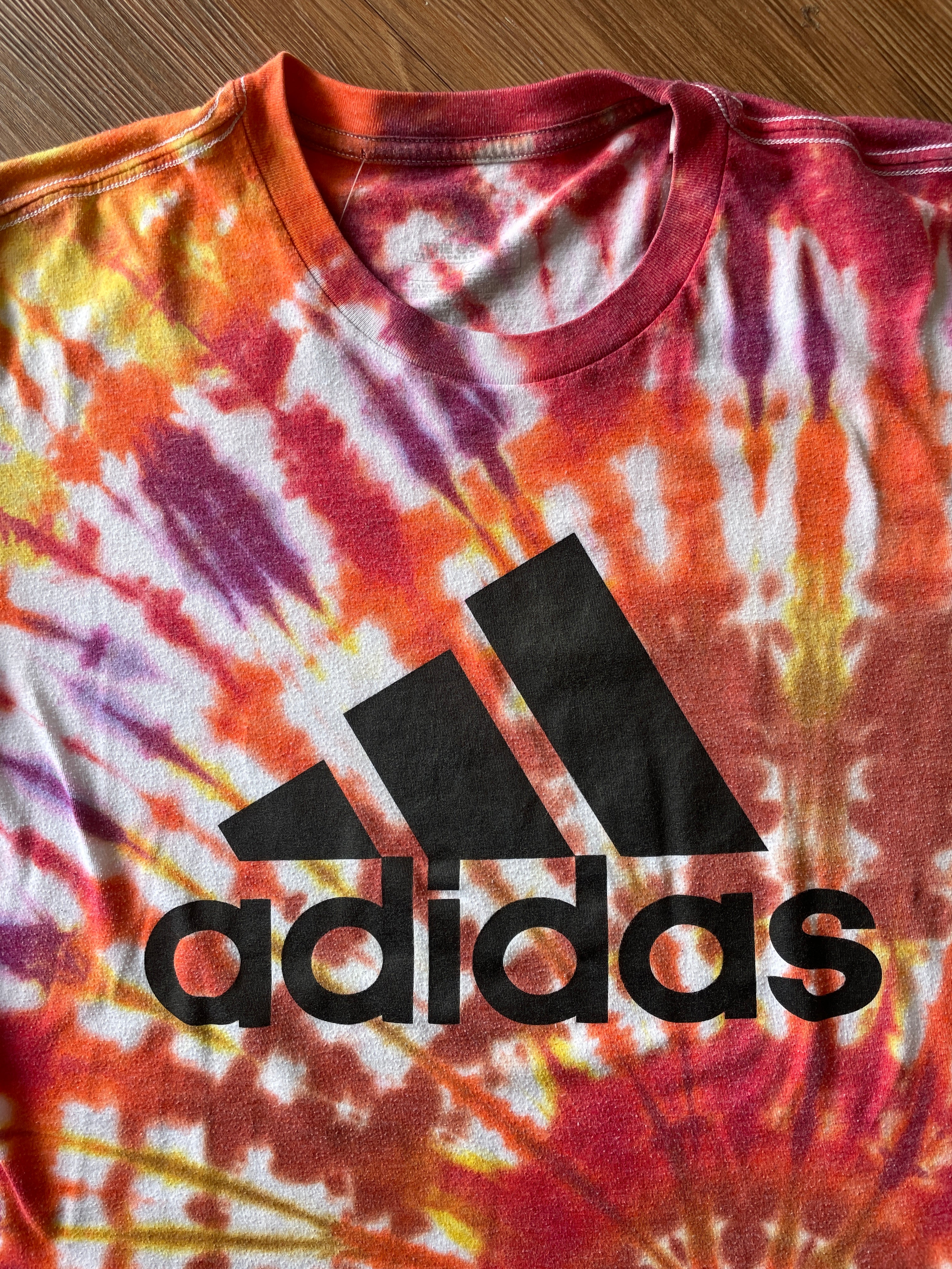 LARGE Men’s adidas Three Stripes Handmade Tie Dye T-Shirt | One-Of-a-Kind Orange, Red, and Yellow SpiralShort Sleeve
