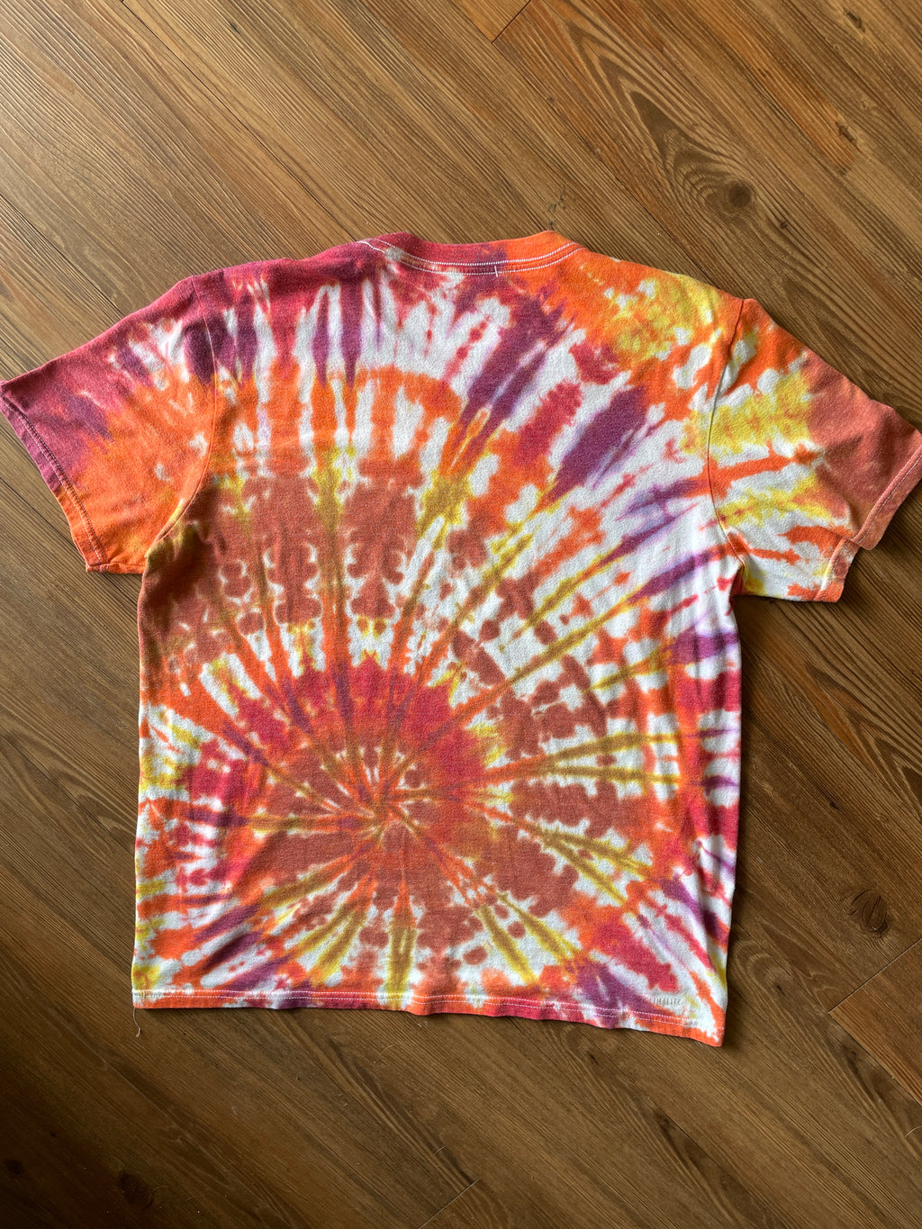 LARGE Men’s adidas Three Stripes Handmade Tie Dye T-Shirt | One-Of-a-Kind Orange, Red, and Yellow SpiralShort Sleeve
