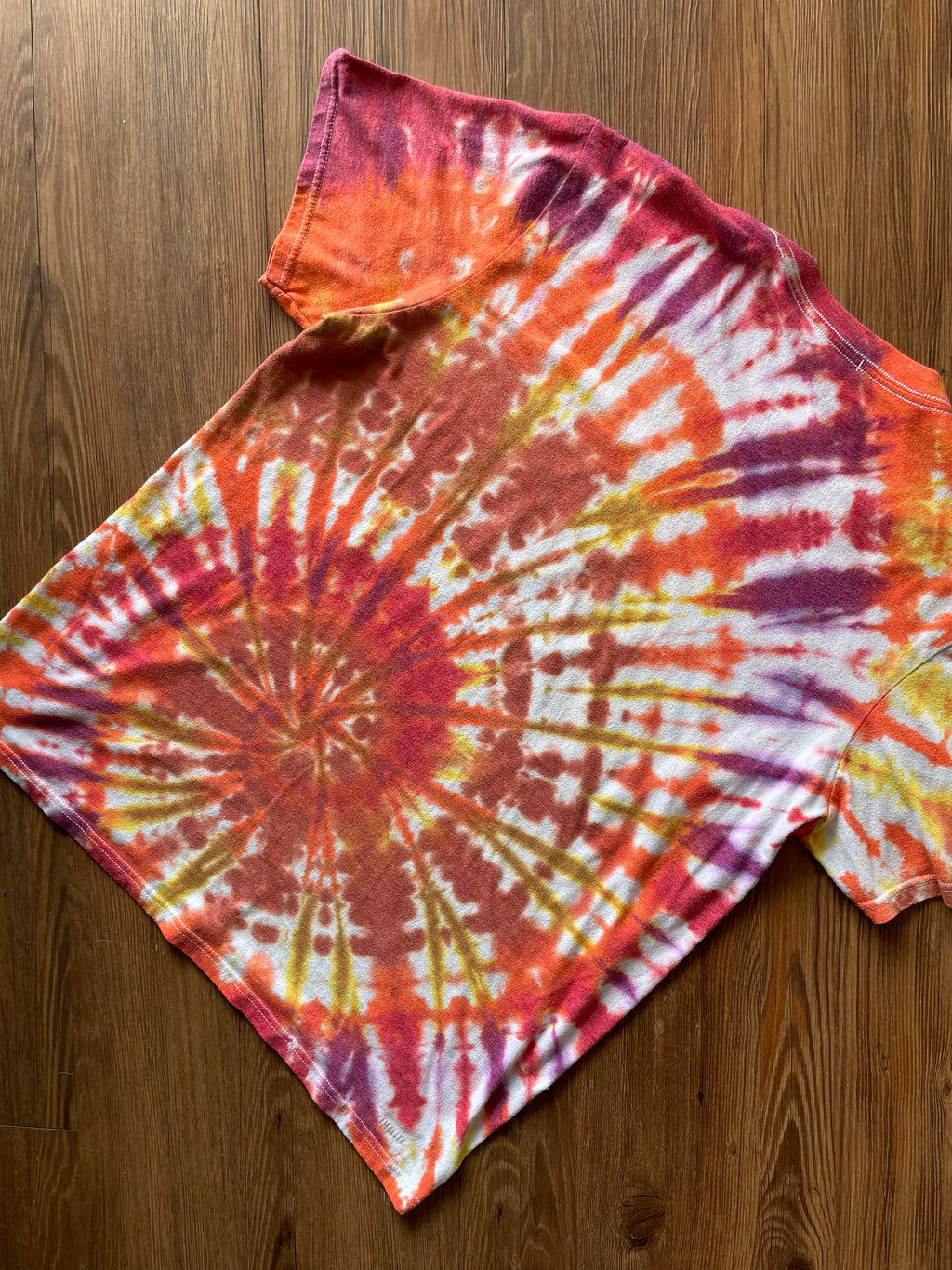 LARGE Men’s adidas Three Stripes Handmade Tie Dye T-Shirt | One-Of-a-Kind Orange, Red, and Yellow SpiralShort Sleeve