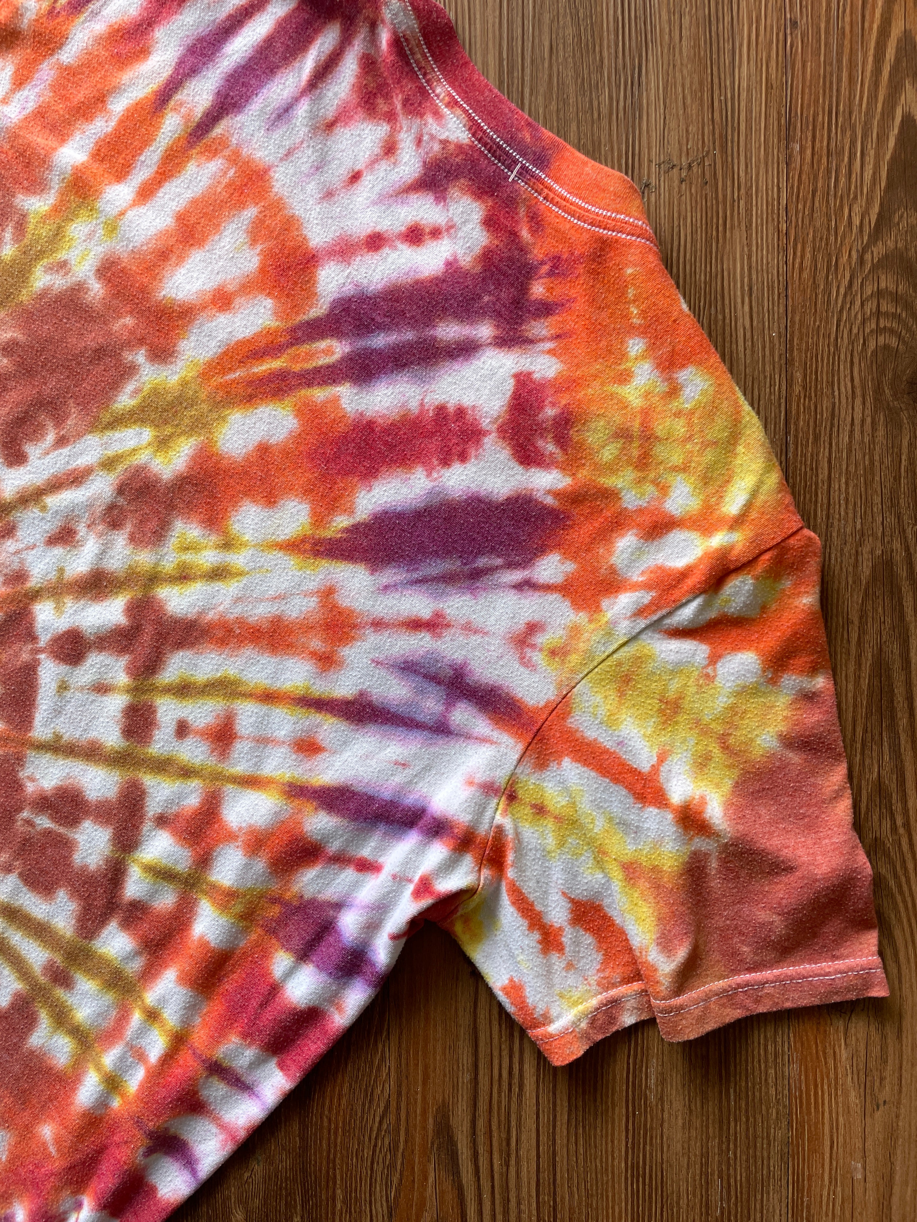 LARGE Men’s adidas Three Stripes Handmade Tie Dye T-Shirt | One-Of-a-Kind Orange, Red, and Yellow SpiralShort Sleeve