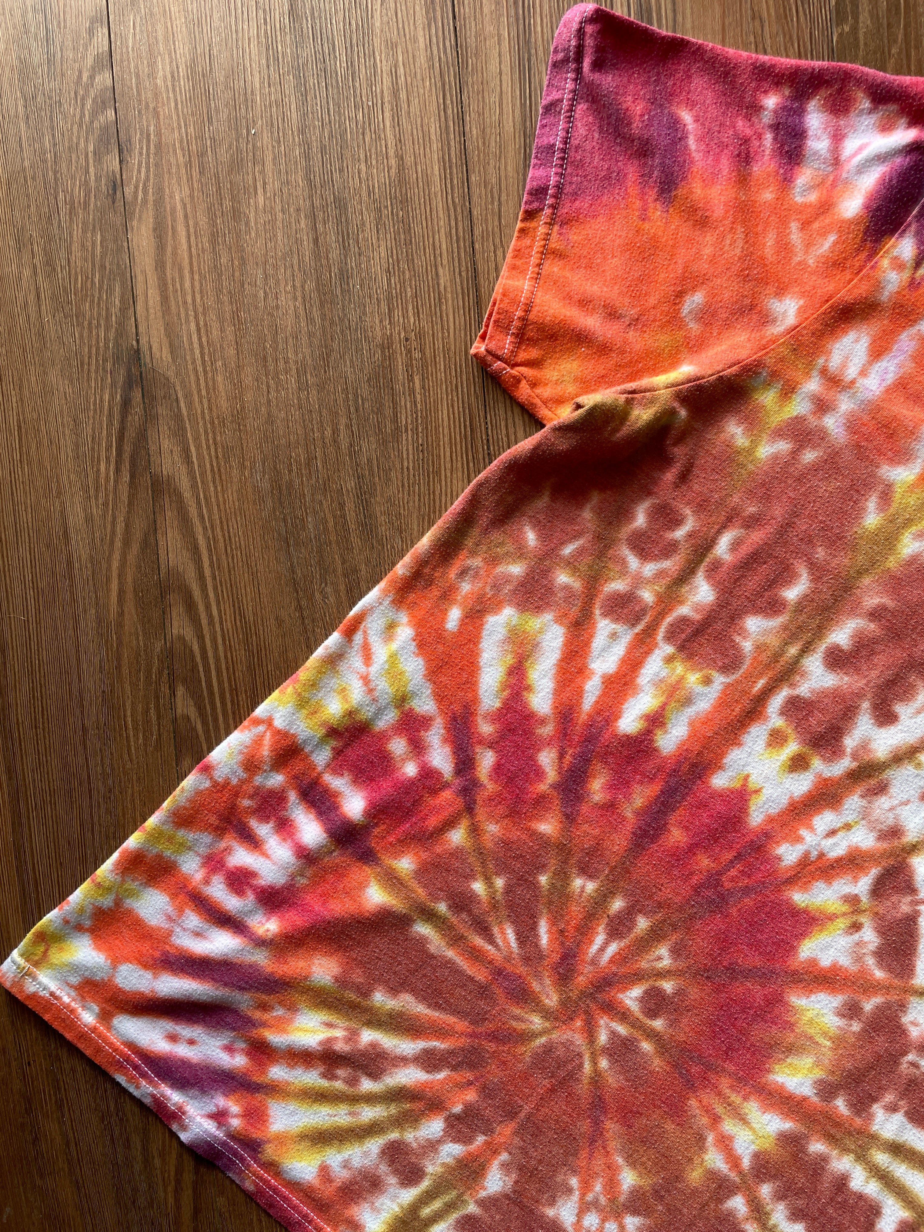 LARGE Men’s adidas Three Stripes Handmade Tie Dye T-Shirt | One-Of-a-Kind Orange, Red, and Yellow SpiralShort Sleeve