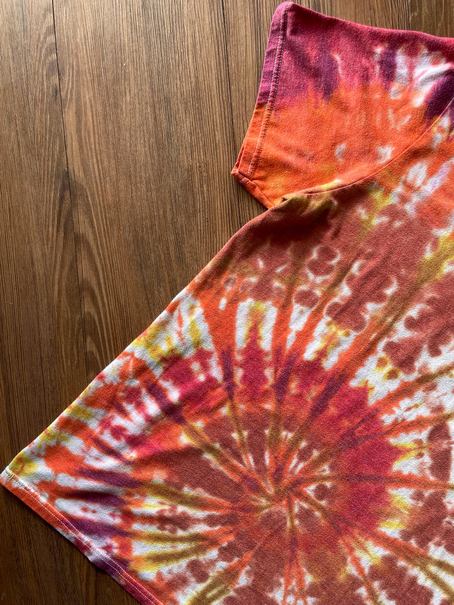 LARGE Men’s adidas Three Stripes Handmade Tie Dye T-Shirt | One-Of-a-Kind Orange, Red, and Yellow SpiralShort Sleeve
