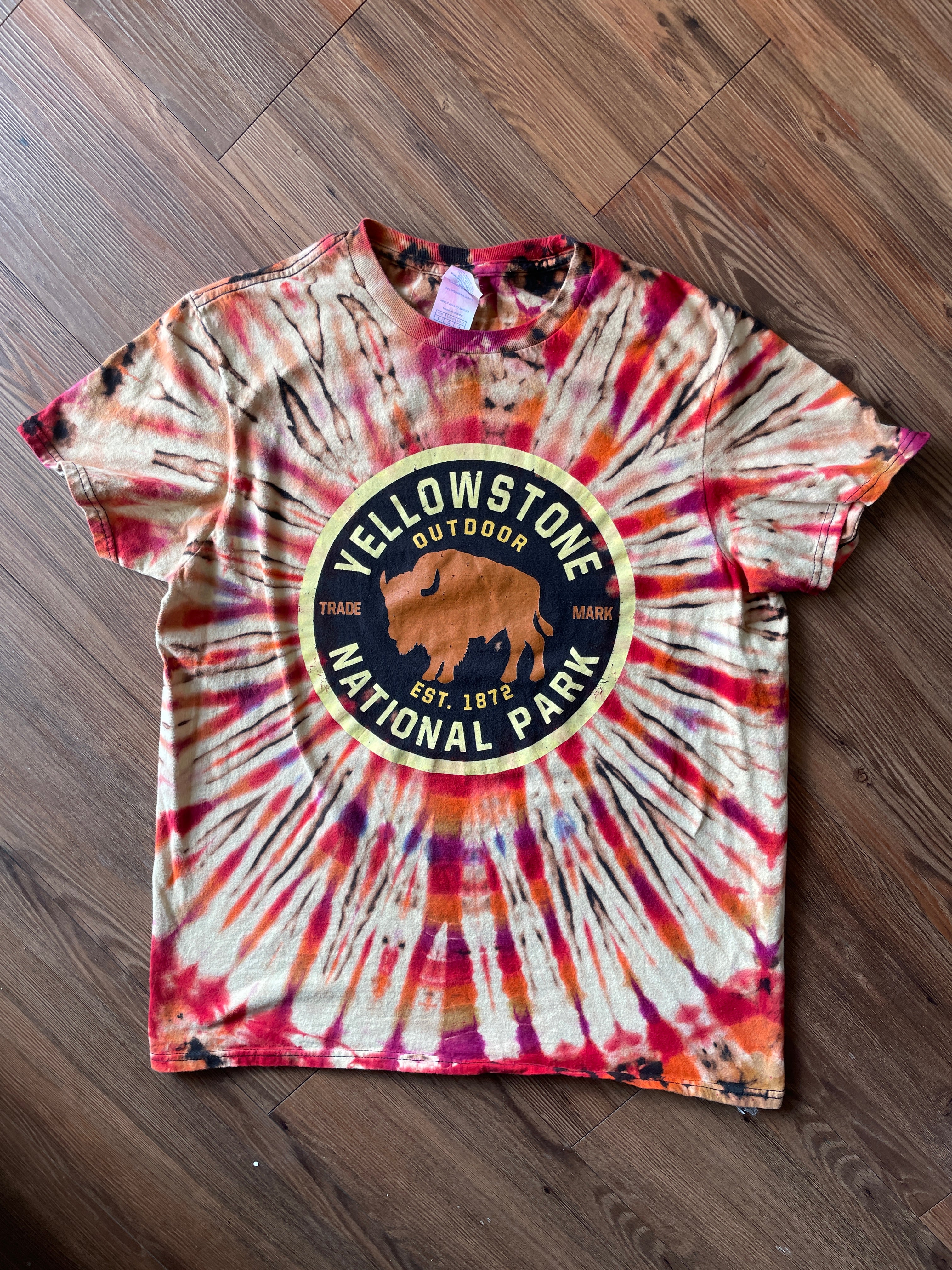LARGE Men’s Yellowstone National Park Handmade Reverse Tie Dye T-Shirt | One-Of-a-Kind Black and Orange Short Sleeve