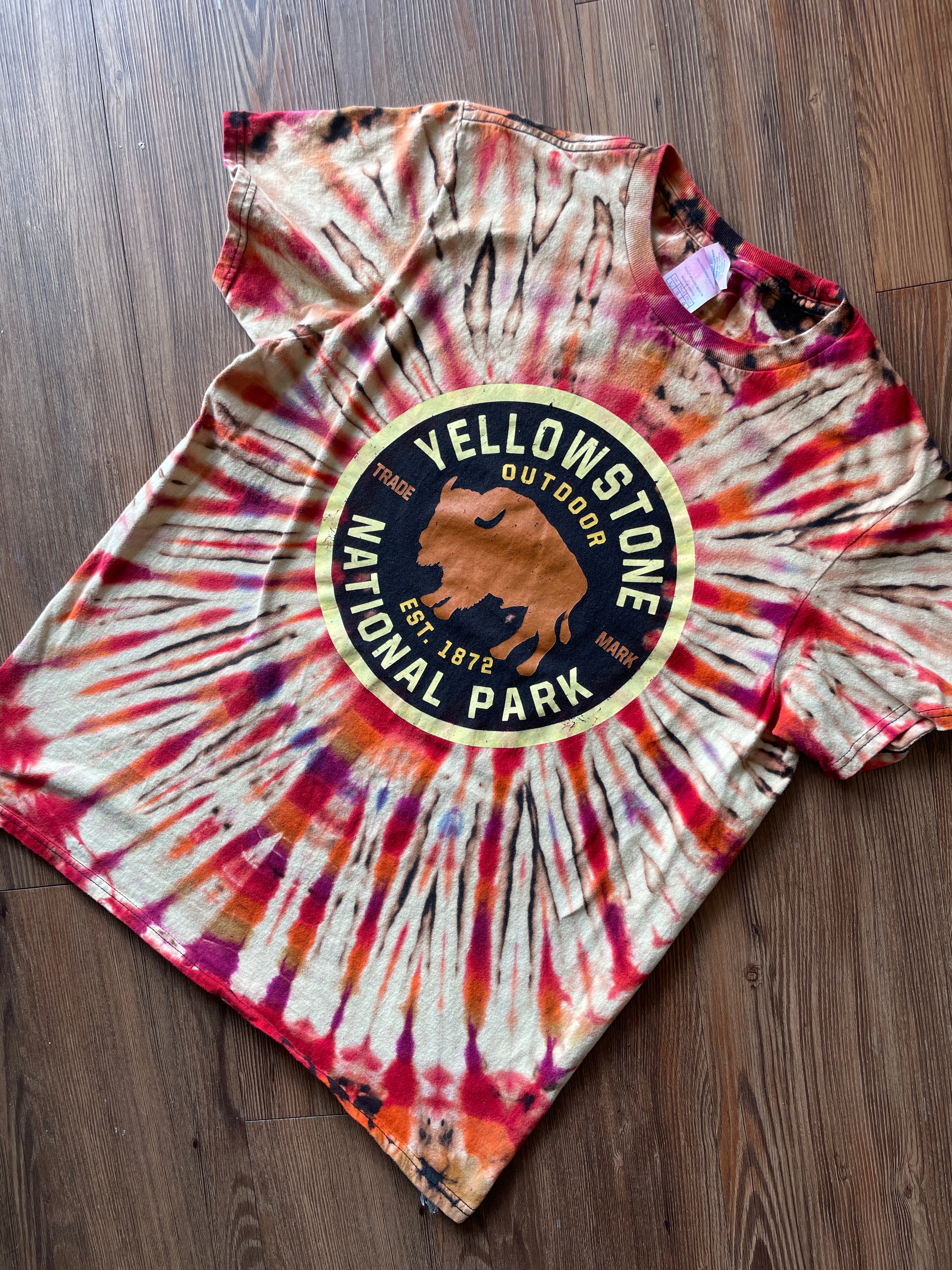 LARGE Men’s Yellowstone National Park Handmade Reverse Tie Dye T-Shirt | One-Of-a-Kind Black and Orange Short Sleeve