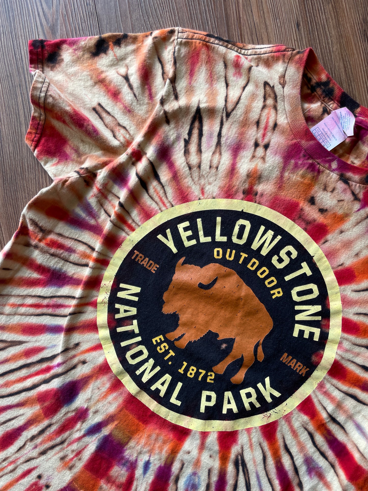 LARGE Men’s Yellowstone National Park Handmade Reverse Tie Dye T-Shirt | One-Of-a-Kind Black and Orange Short Sleeve