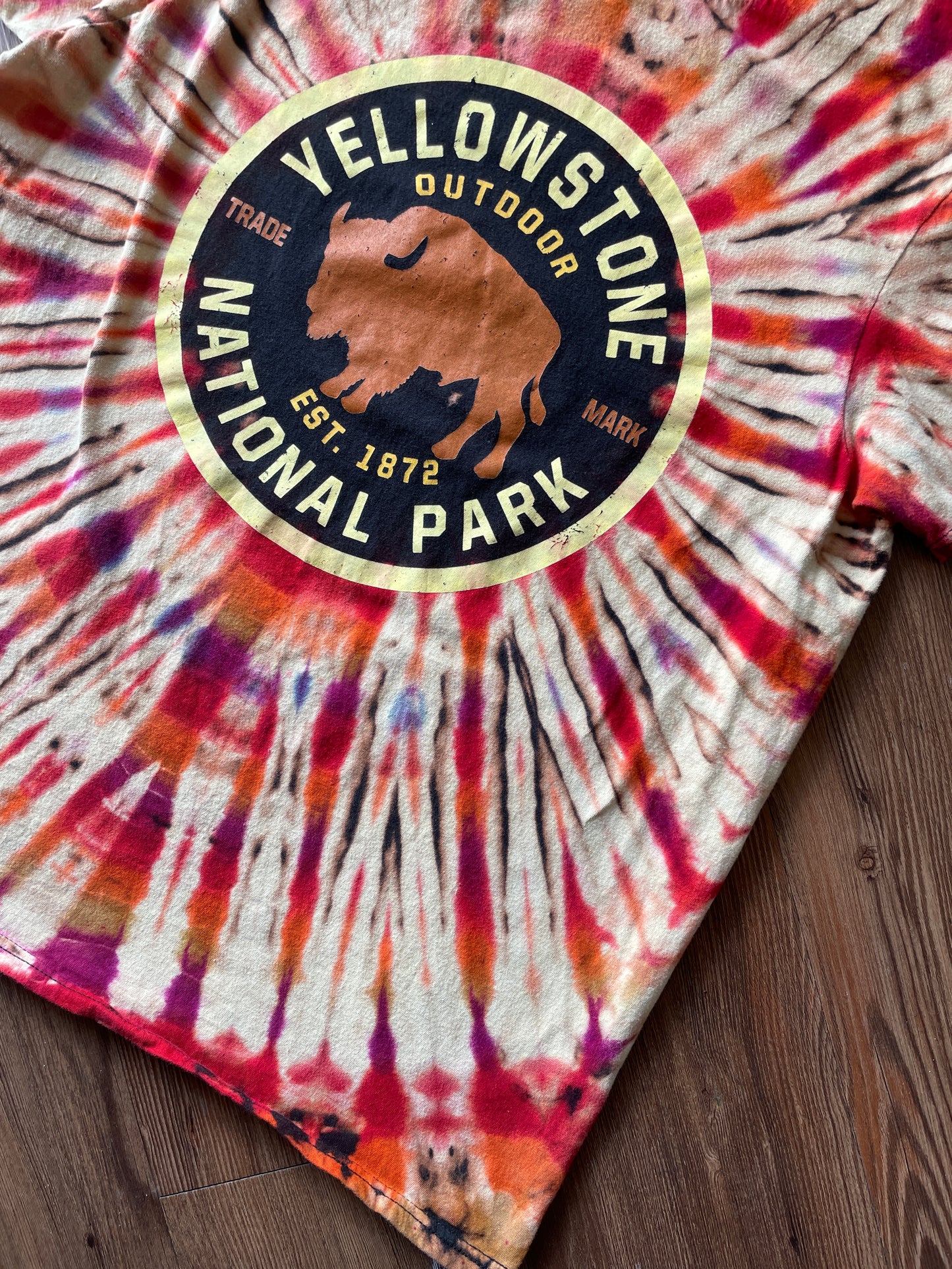 LARGE Men’s Yellowstone National Park Handmade Reverse Tie Dye T-Shirt | One-Of-a-Kind Black and Orange Short Sleeve
