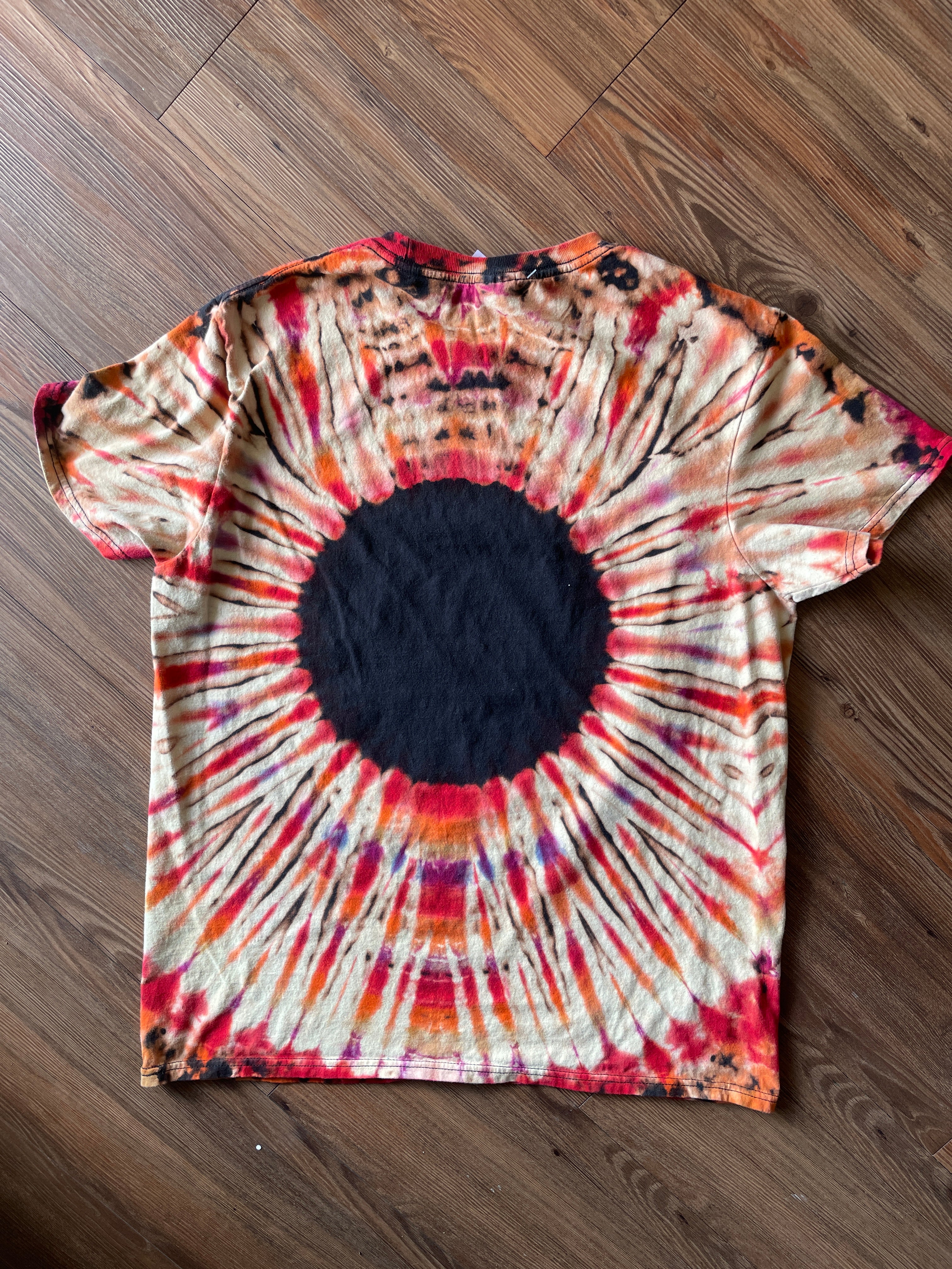 LARGE Men’s Yellowstone National Park Handmade Reverse Tie Dye T-Shirt | One-Of-a-Kind Black and Orange Short Sleeve