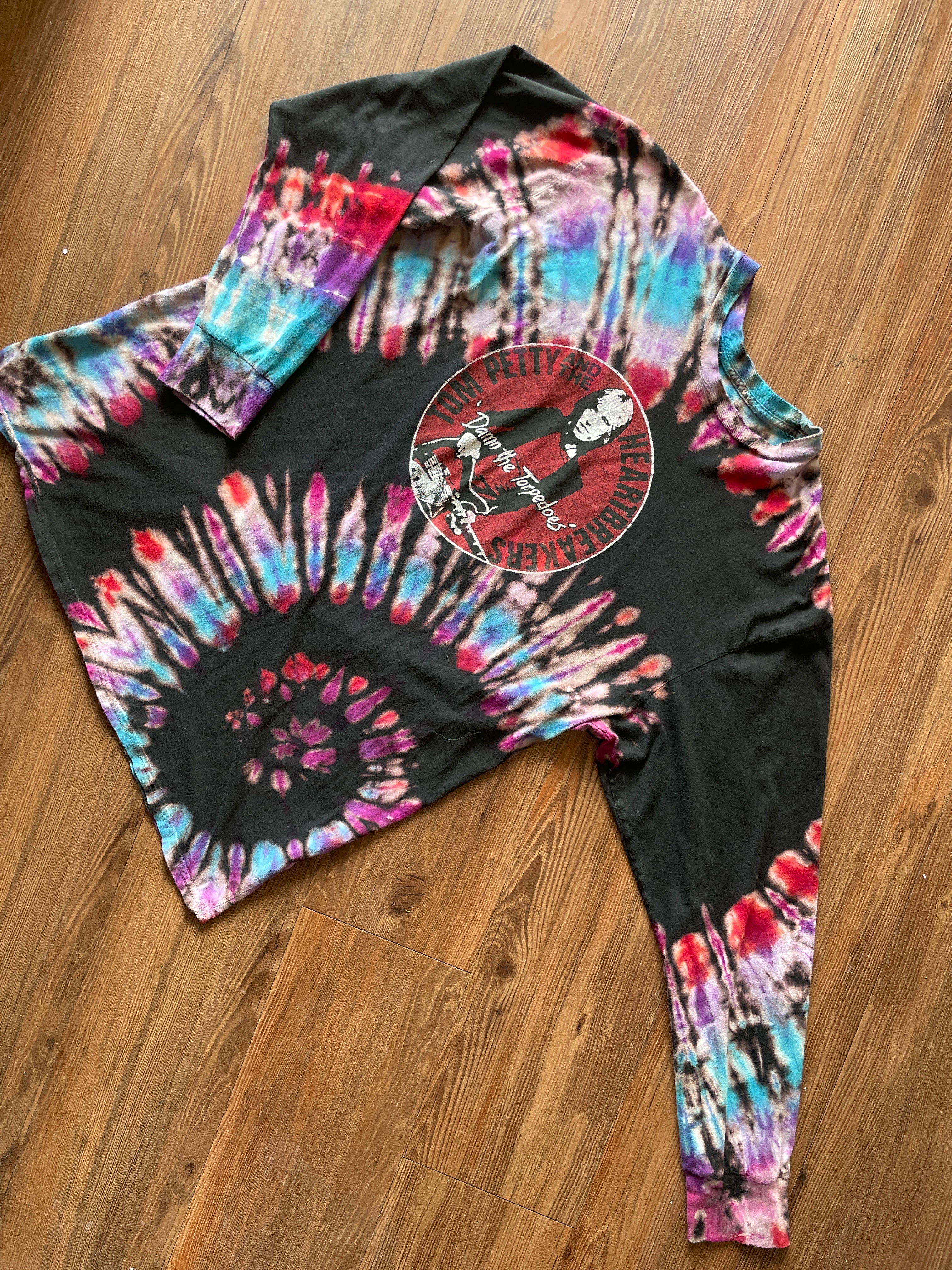 LARGE Men’s Tom Petty & The Heartbreakers Handmade Tie Dye T-Shirt | One-Of-a-Kind Black, Purple, and Red Spiral Long Sleeve