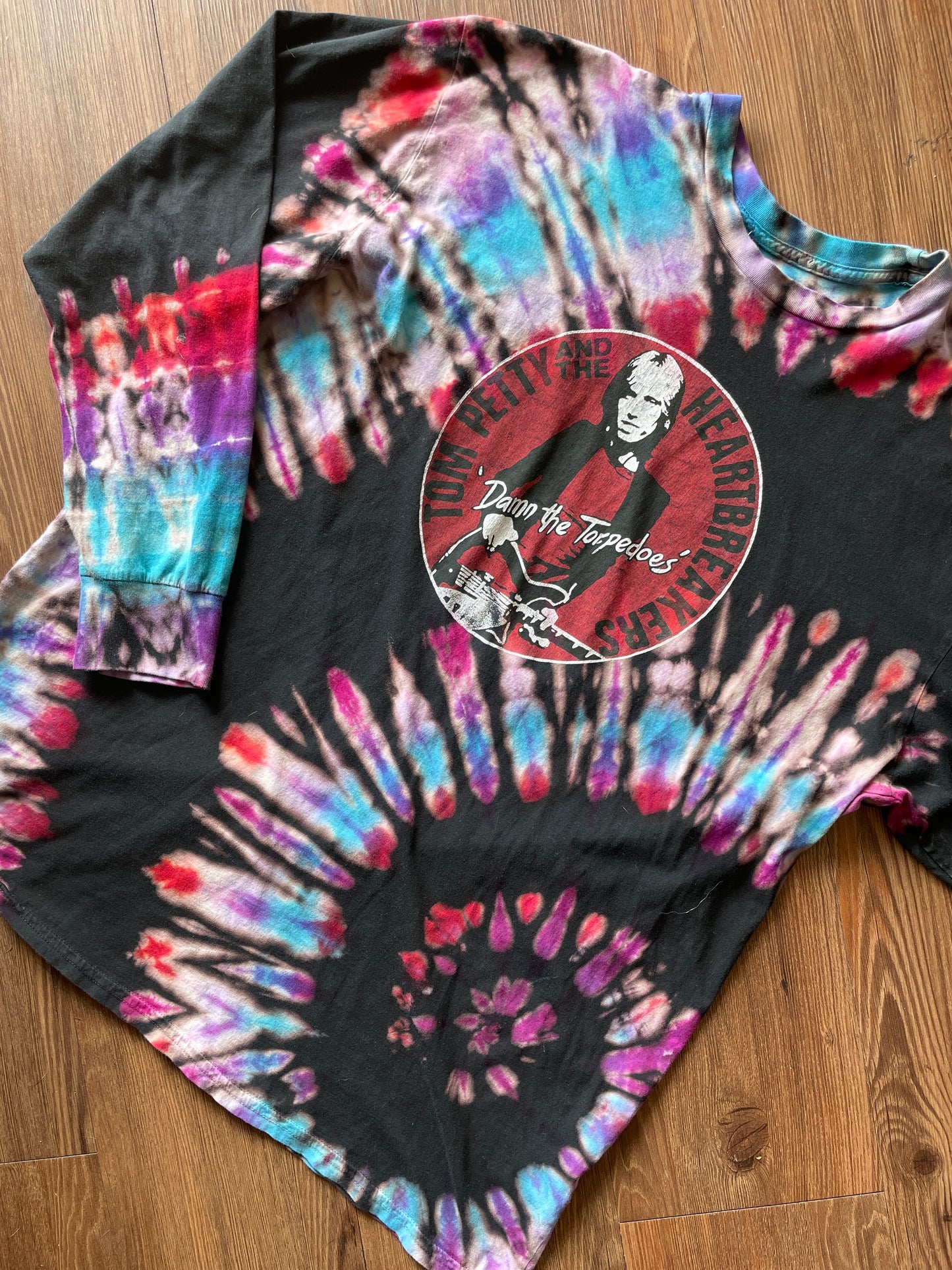 LARGE Men’s Tom Petty & The Heartbreakers Handmade Tie Dye T-Shirt | One-Of-a-Kind Black, Purple, and Red Spiral Long Sleeve