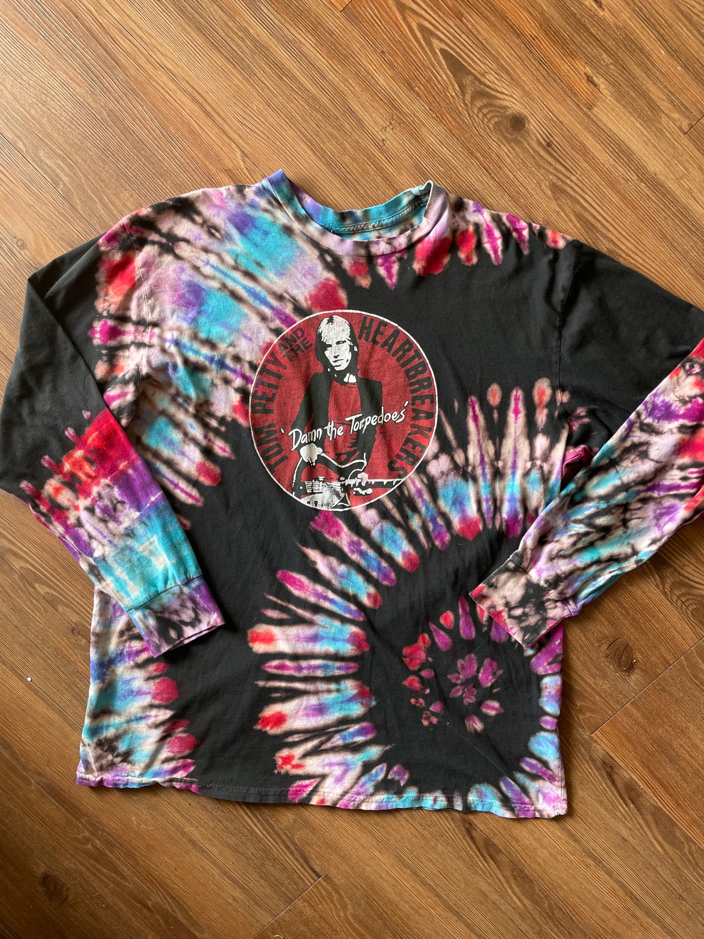 LARGE Men’s Tom Petty & The Heartbreakers Handmade Tie Dye T-Shirt | One-Of-a-Kind Black, Purple, and Red Spiral Long Sleeve