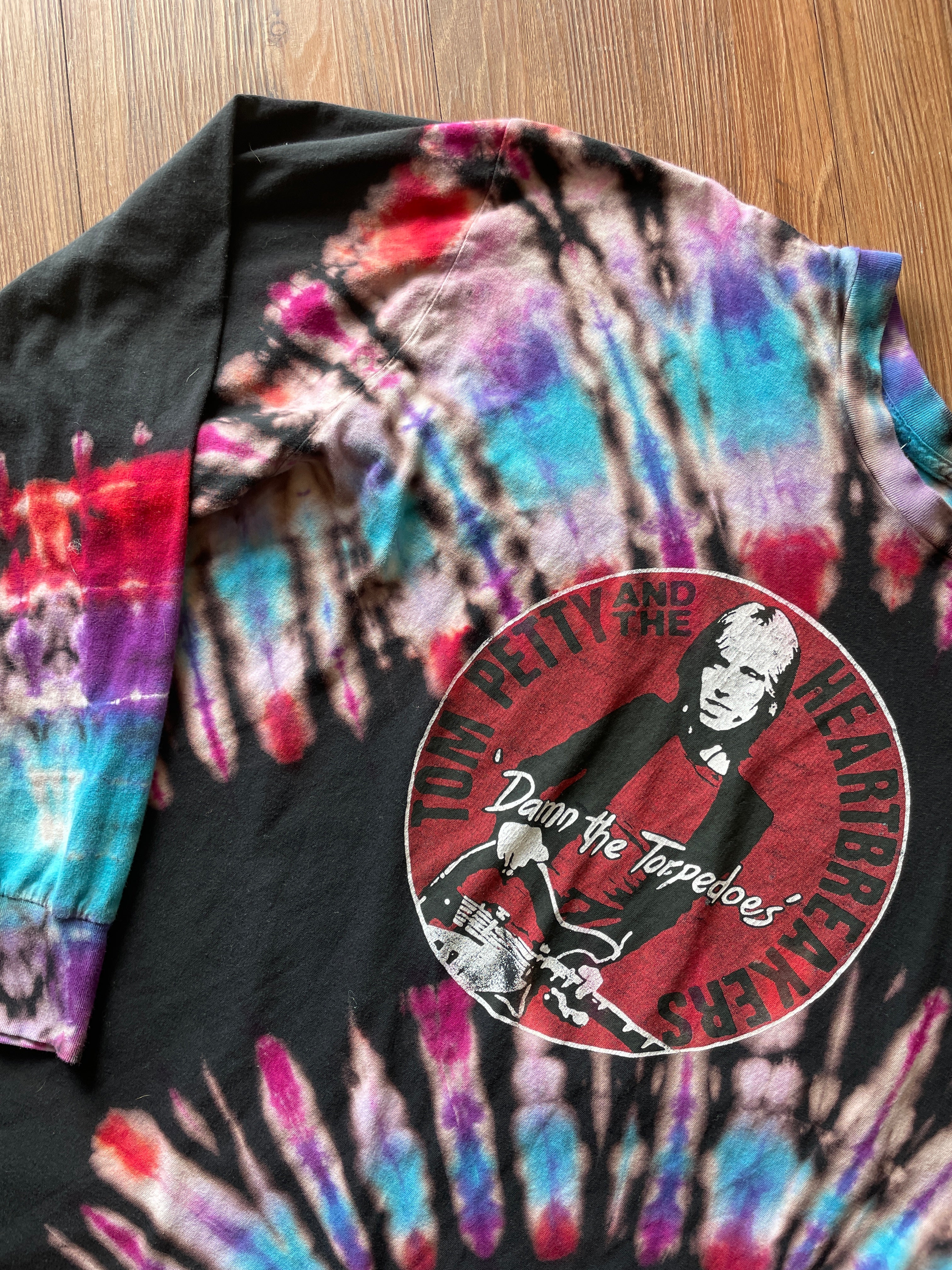 LARGE Men’s Tom Petty & The Heartbreakers Handmade Tie Dye T-Shirt | One-Of-a-Kind Black, Purple, and Red Spiral Long Sleeve