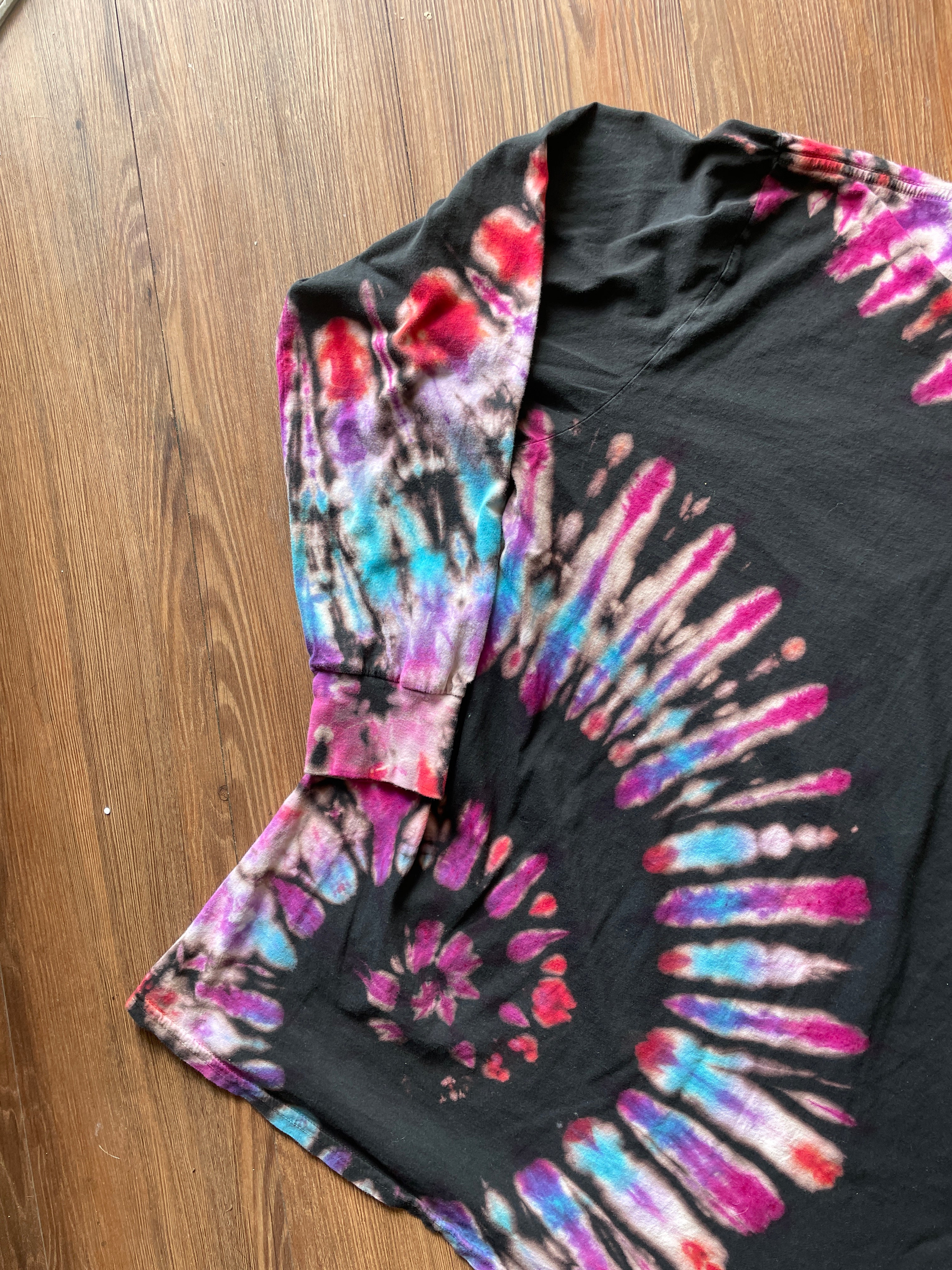 LARGE Men’s Tom Petty & The Heartbreakers Handmade Tie Dye T-Shirt | One-Of-a-Kind Black, Purple, and Red Spiral Long Sleeve