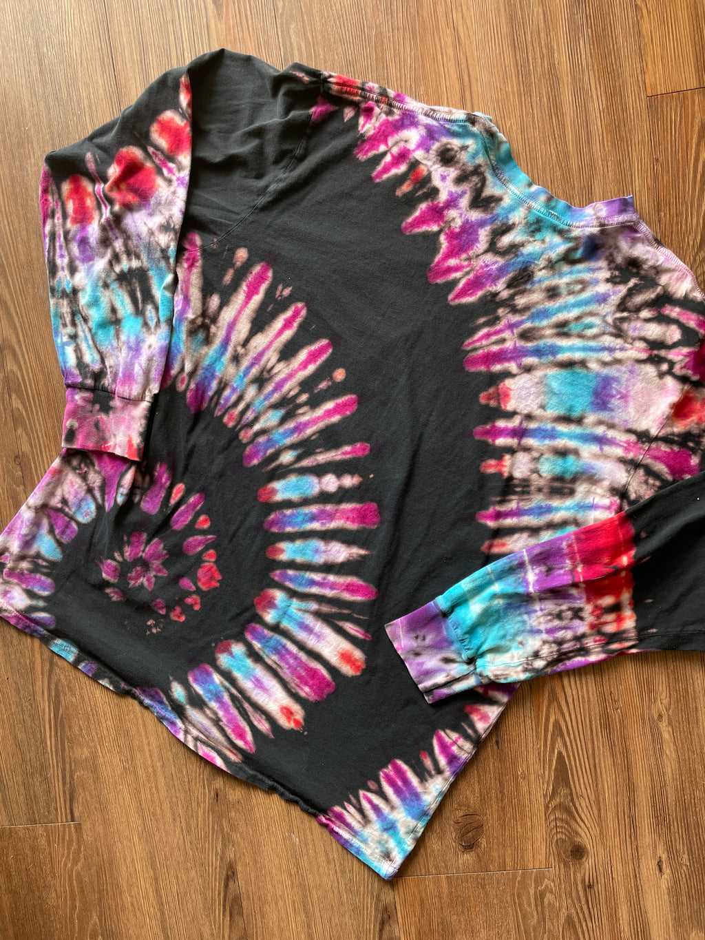 LARGE Men’s Tom Petty & The Heartbreakers Handmade Tie Dye T-Shirt | One-Of-a-Kind Black, Purple, and Red Spiral Long Sleeve