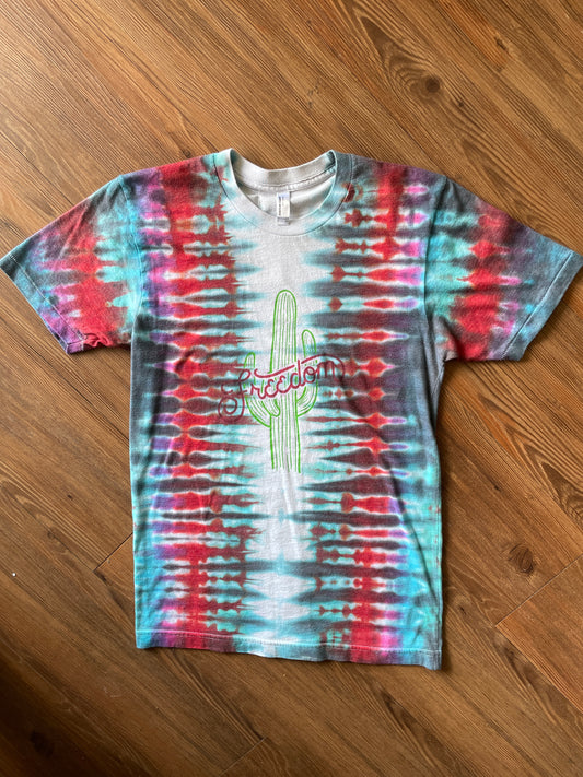 SMALL Unisex American Apparel Freedom Handmade Tie Dye T-Shirt | One-Of-a-Kind Red, Blue, and Gray Pleated Short Sleeve