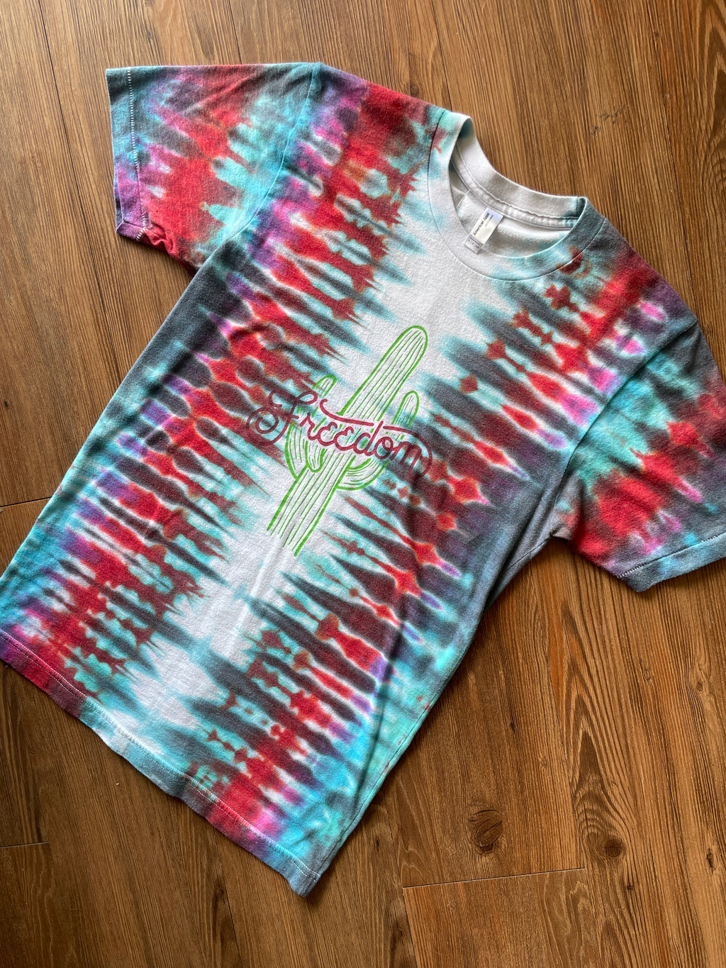 SMALL Unisex American Apparel Freedom Handmade Tie Dye T-Shirt | One-Of-a-Kind Red, Blue, and Gray Pleated Short Sleeve