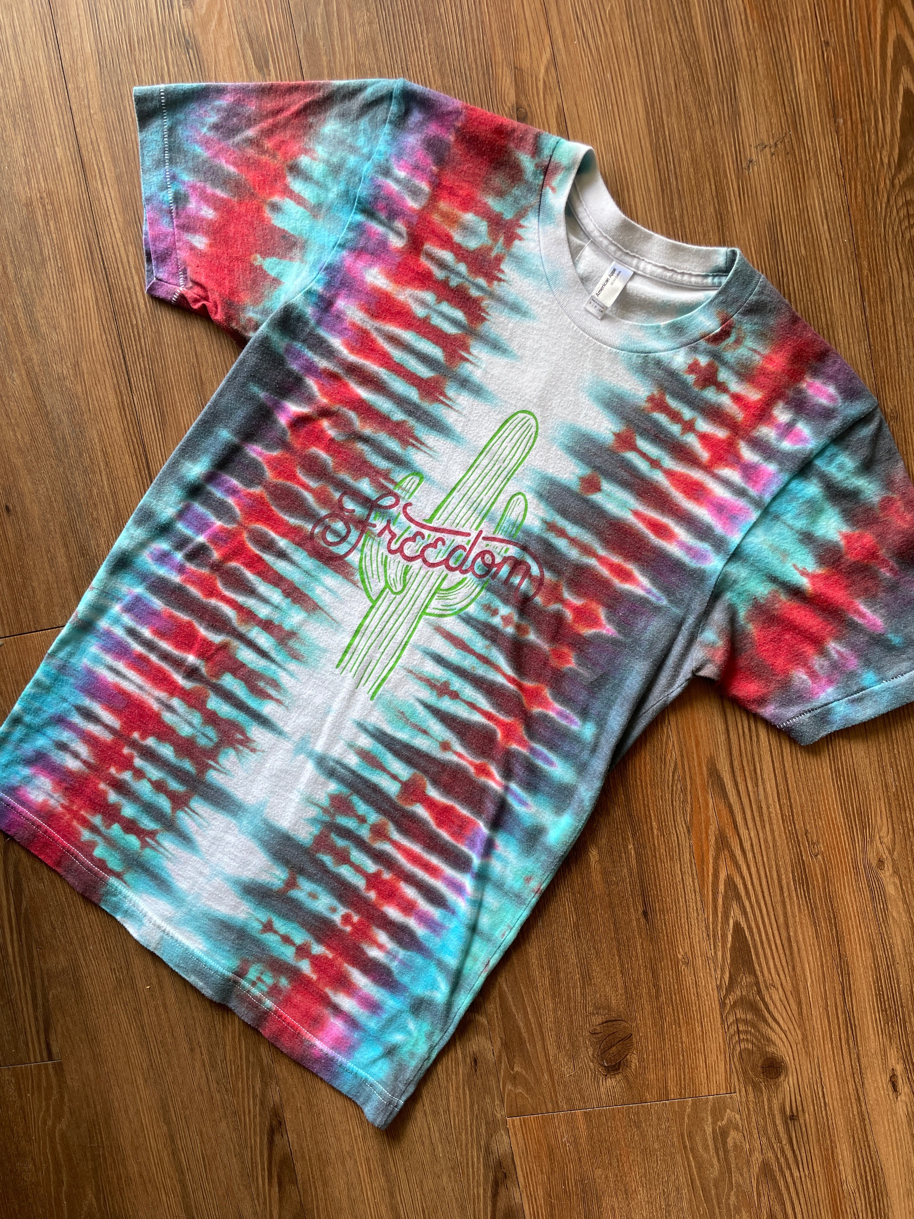 SMALL Unisex American Apparel Freedom Handmade Tie Dye T-Shirt | One-Of-a-Kind Red, Blue, and Gray Pleated Short Sleeve