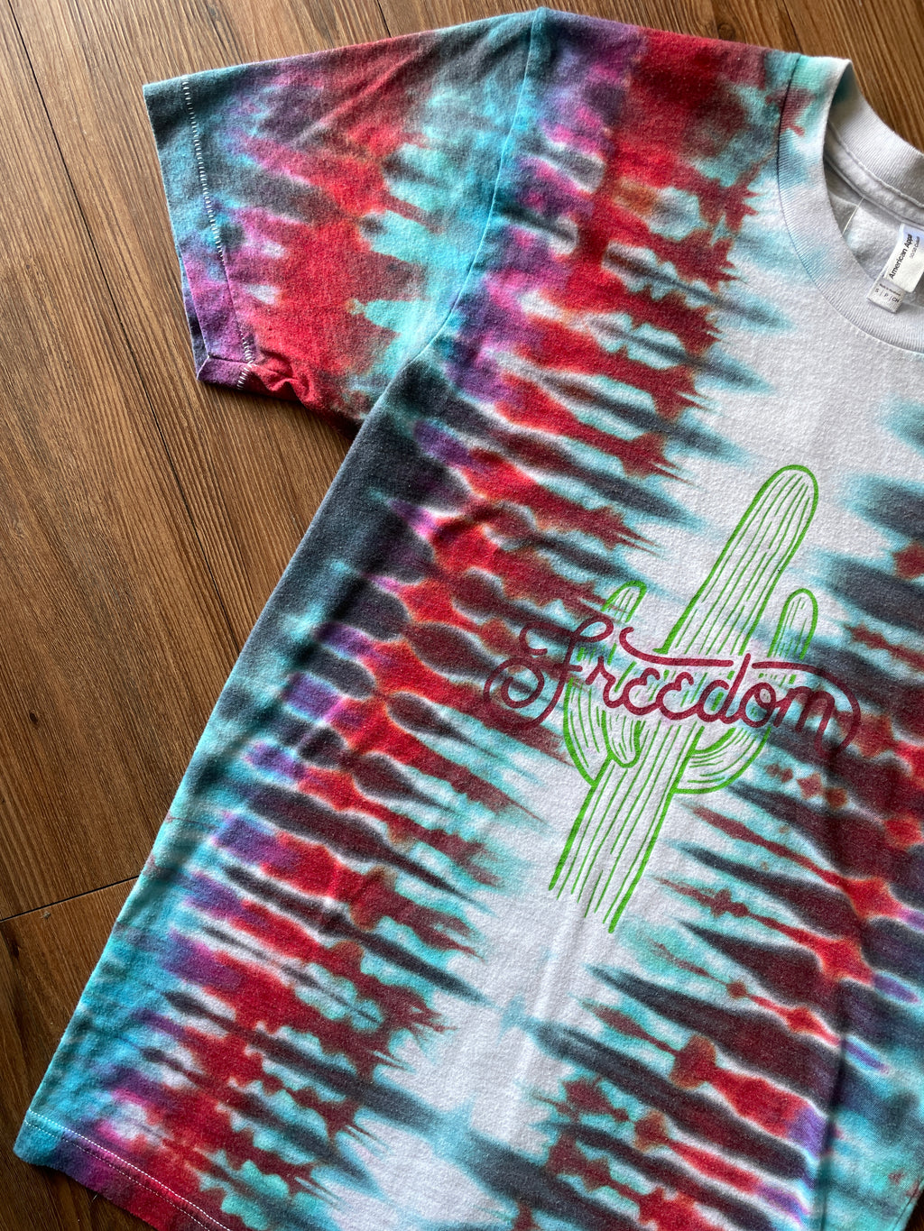 SMALL Unisex American Apparel Freedom Handmade Tie Dye T-Shirt | One-Of-a-Kind Red, Blue, and Gray Pleated Short Sleeve
