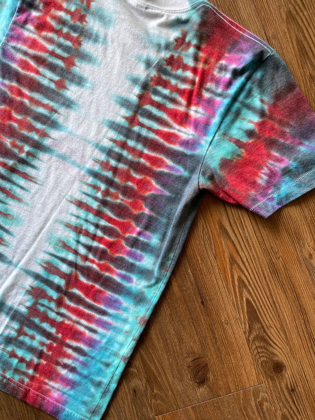 SMALL Unisex American Apparel Freedom Handmade Tie Dye T-Shirt | One-Of-a-Kind Red, Blue, and Gray Pleated Short Sleeve