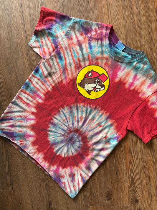 MEDIUM Men’s Bucee's It's A Beaver Handmade Reverse Tie Dye T-Shirt | One-Of-a-Kind Red, Blue, and Purple Spiral Short Sleeve