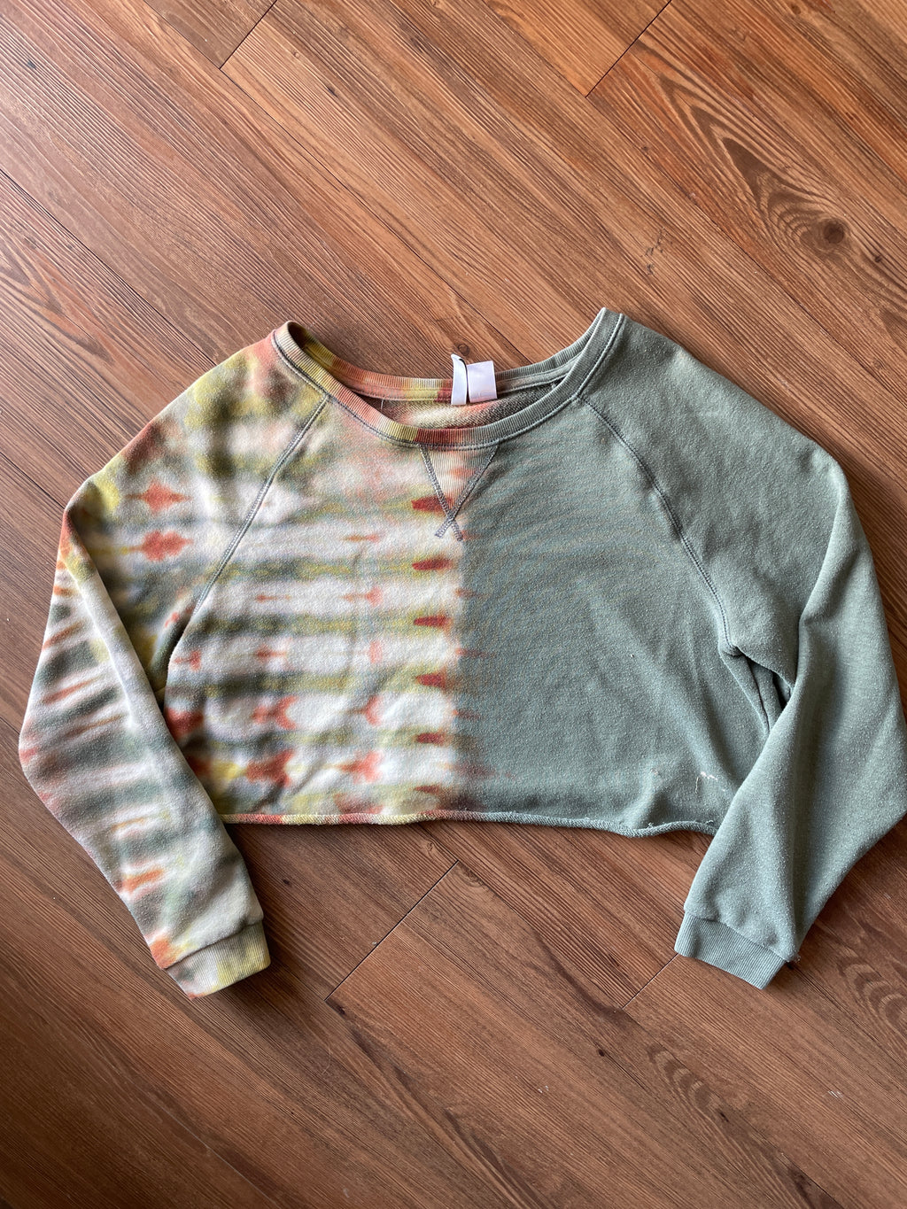 LARGE Women’s Green and Brown Handmade Tie Dye Cropped Sweatshirt | One-Of-a-Kind Earth Tones Pleated Long Sleeve