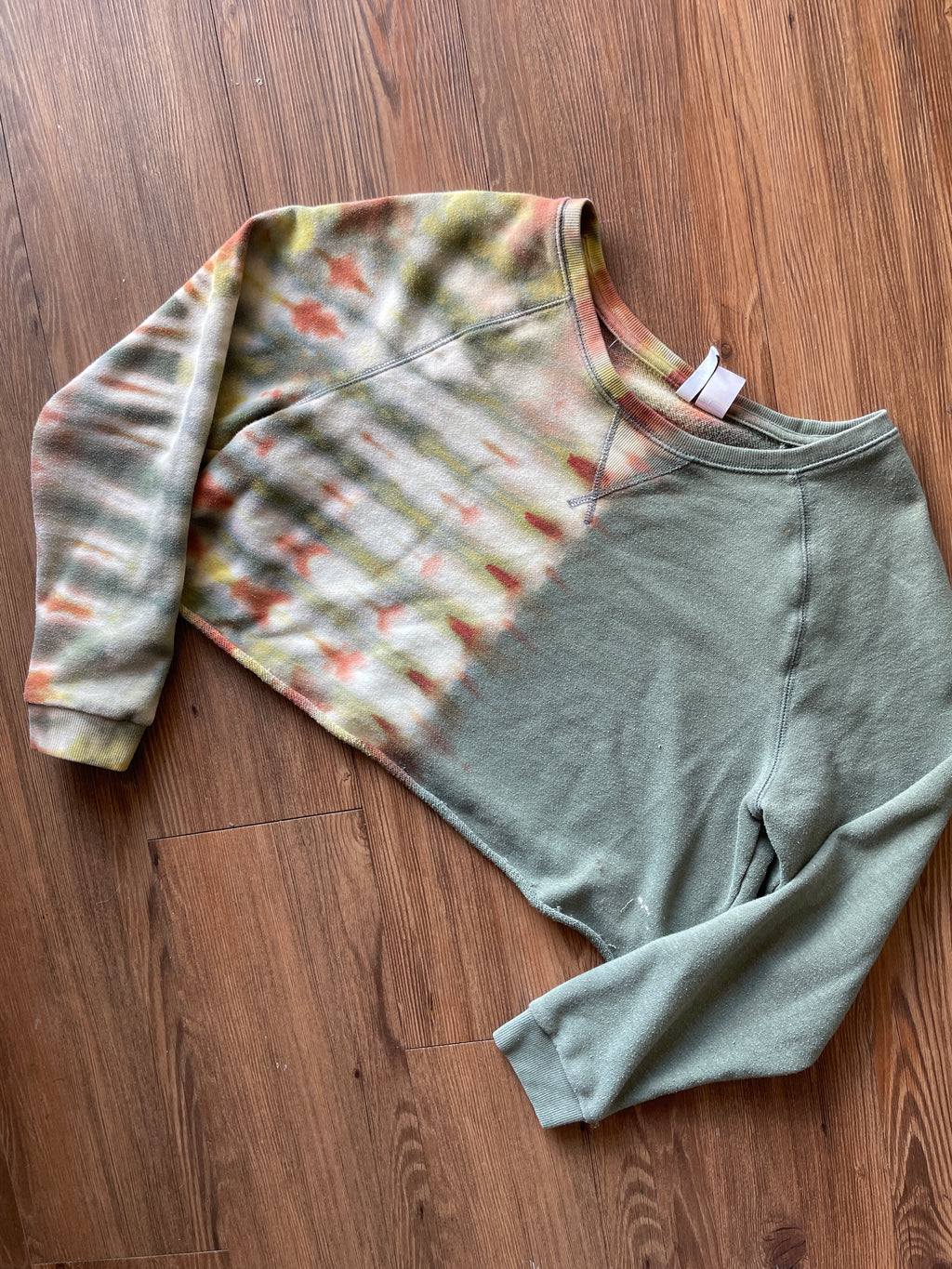 LARGE Women’s Green and Brown Handmade Tie Dye Cropped Sweatshirt | One-Of-a-Kind Earth Tones Pleated Long Sleeve