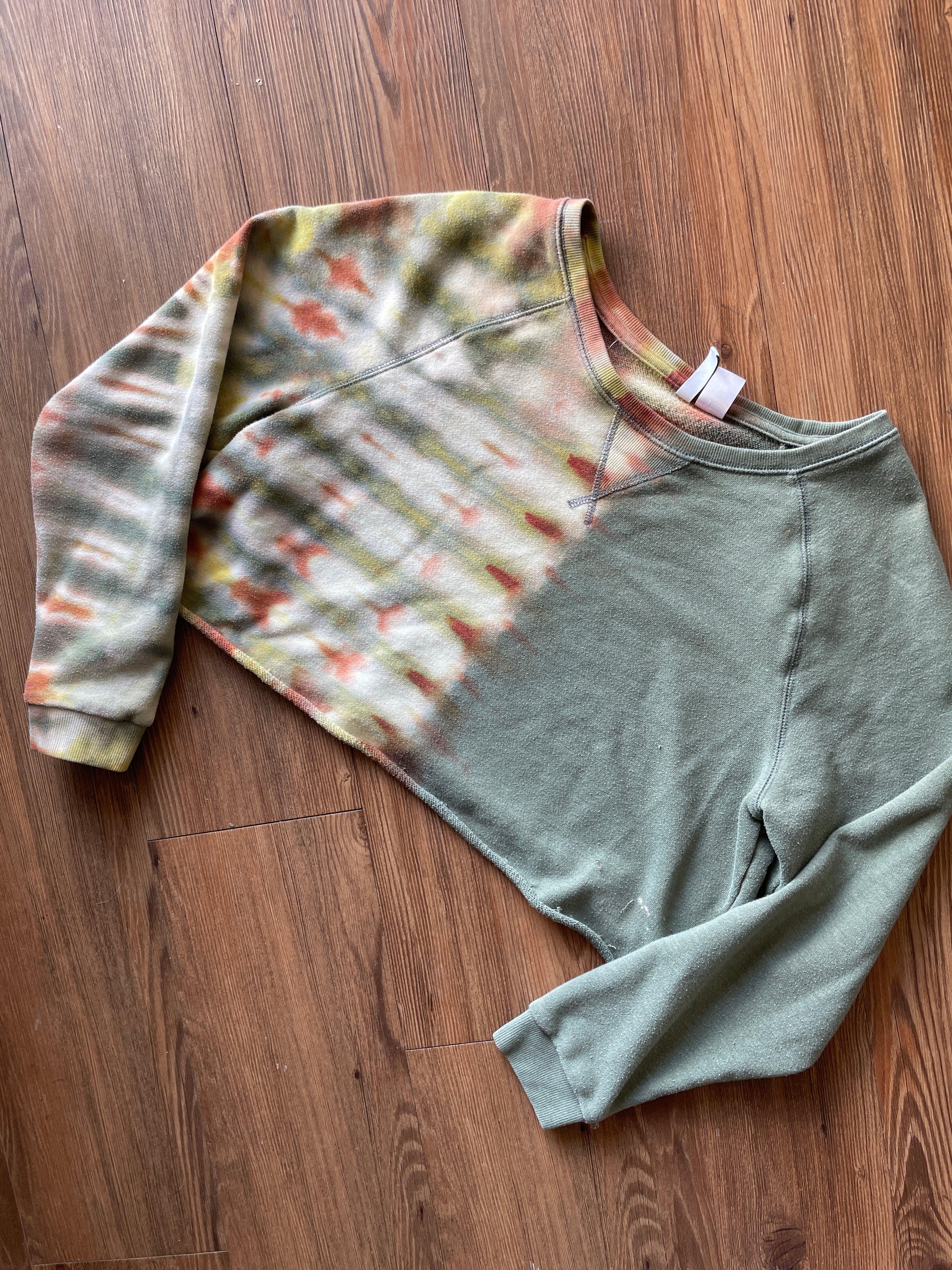 LARGE Women’s Green and Brown Handmade Tie Dye Cropped Sweatshirt | One-Of-a-Kind Earth Tones Pleated Long Sleeve