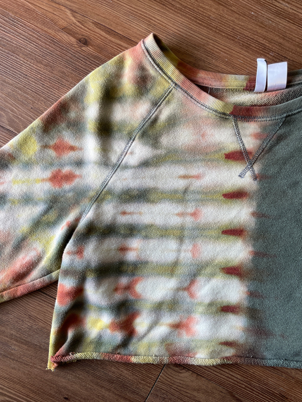 LARGE Women’s Green and Brown Handmade Tie Dye Cropped Sweatshirt | One-Of-a-Kind Earth Tones Pleated Long Sleeve