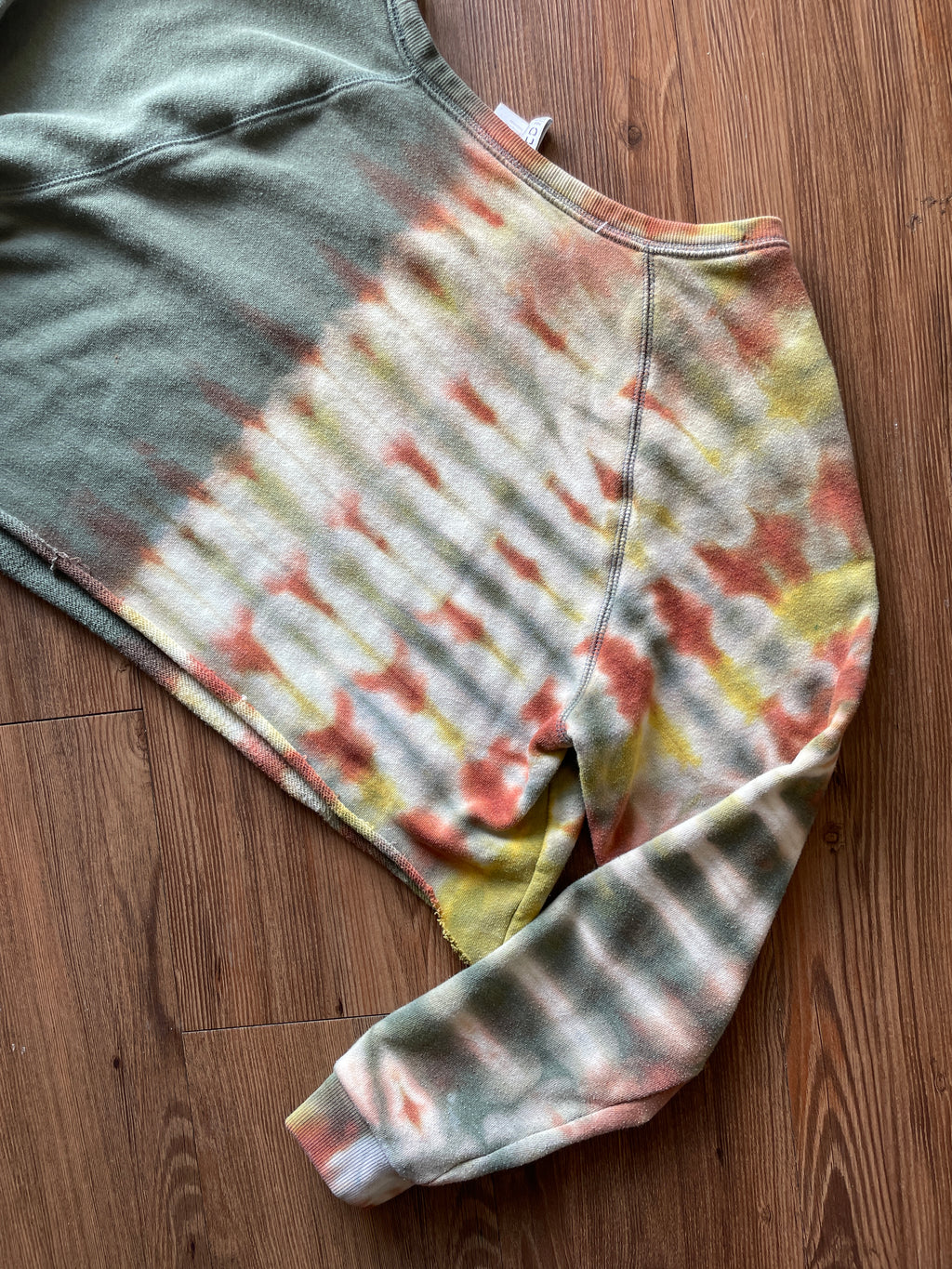 LARGE Women’s Green and Brown Handmade Tie Dye Cropped Sweatshirt | One-Of-a-Kind Earth Tones Pleated Long Sleeve
