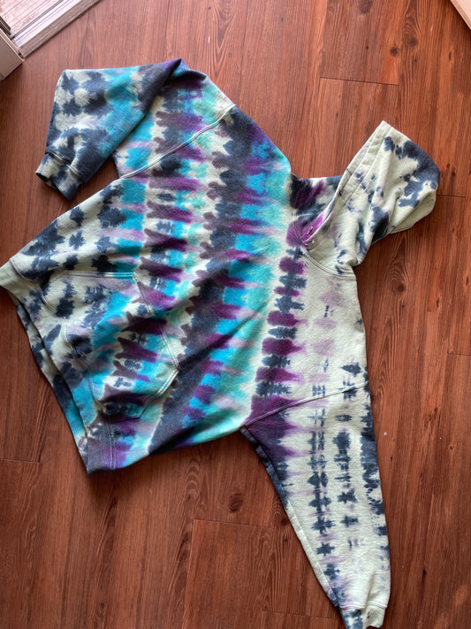 2XL Men’s Mint Green and Black Handmade Tie Dye Hoodie | One-Of-a-Kind Shades of Blue Long Sleeve Sweatshirt