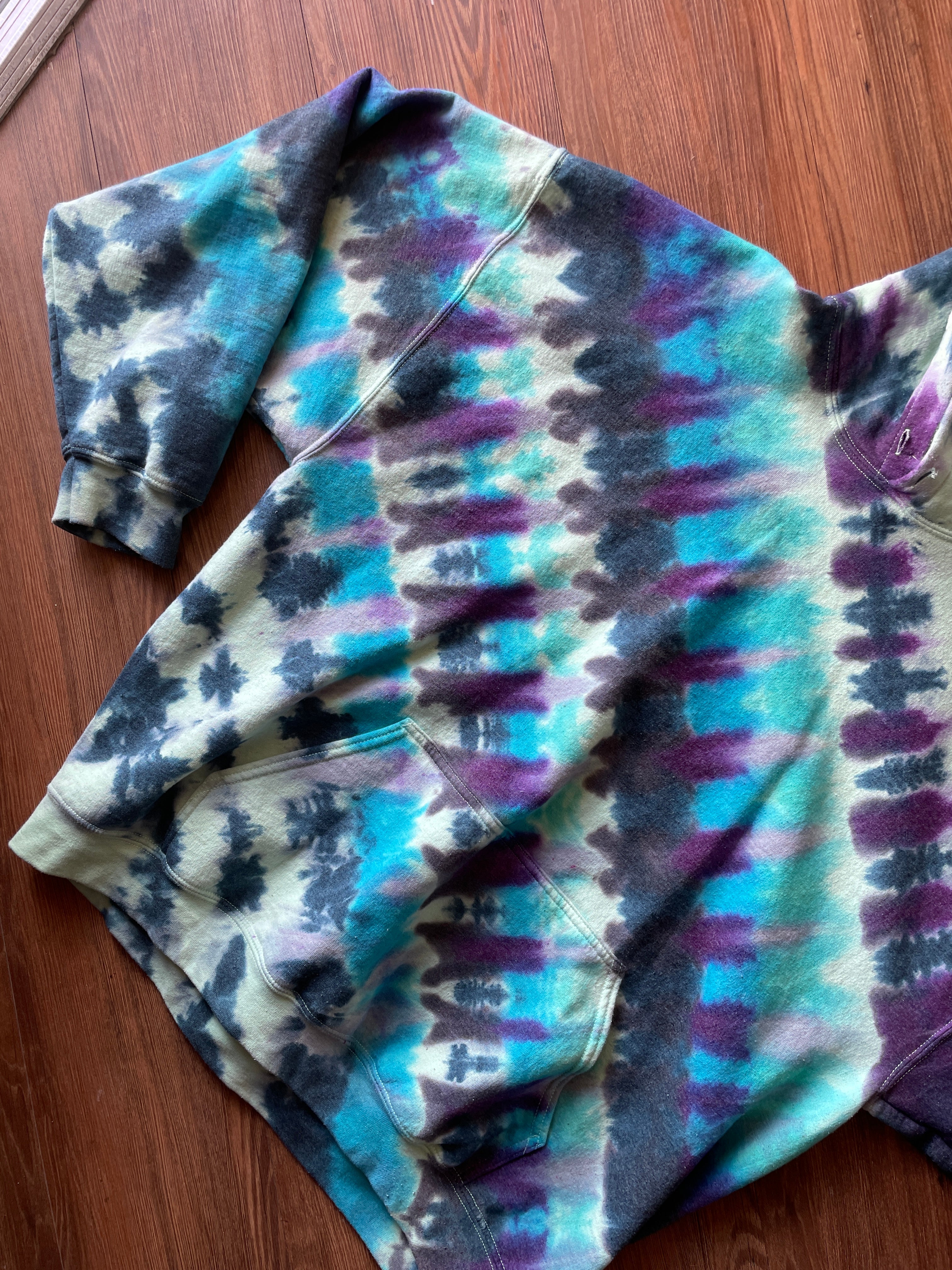 2XL Men’s Mint Green and Black Handmade Tie Dye Hoodie | One-Of-a-Kind Shades of Blue Long Sleeve Sweatshirt
