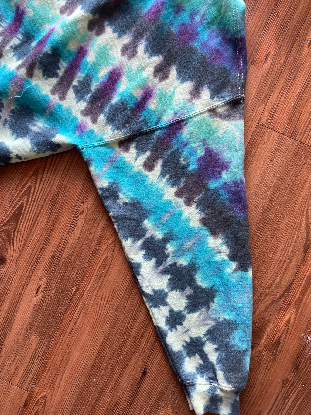 2XL Men’s Mint Green and Black Handmade Tie Dye Hoodie | One-Of-a-Kind Shades of Blue Long Sleeve Sweatshirt