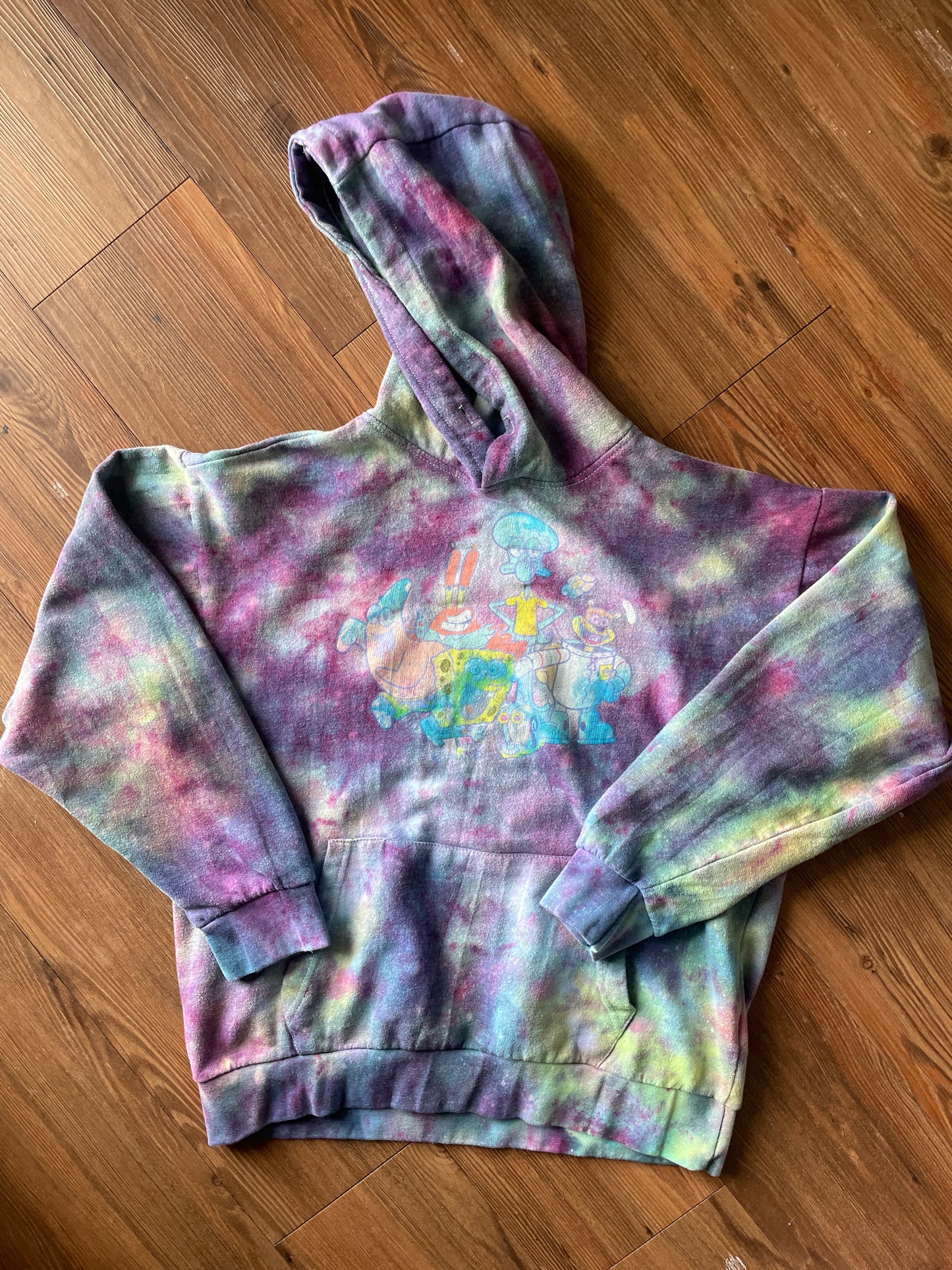 MEDIUM Men’s SpongeBob Squarepants and Friends Galaxy Handmade Tie Dye Hoodie | One-Of-a-Kind Purple and Blue Ice Dye LongSleeve