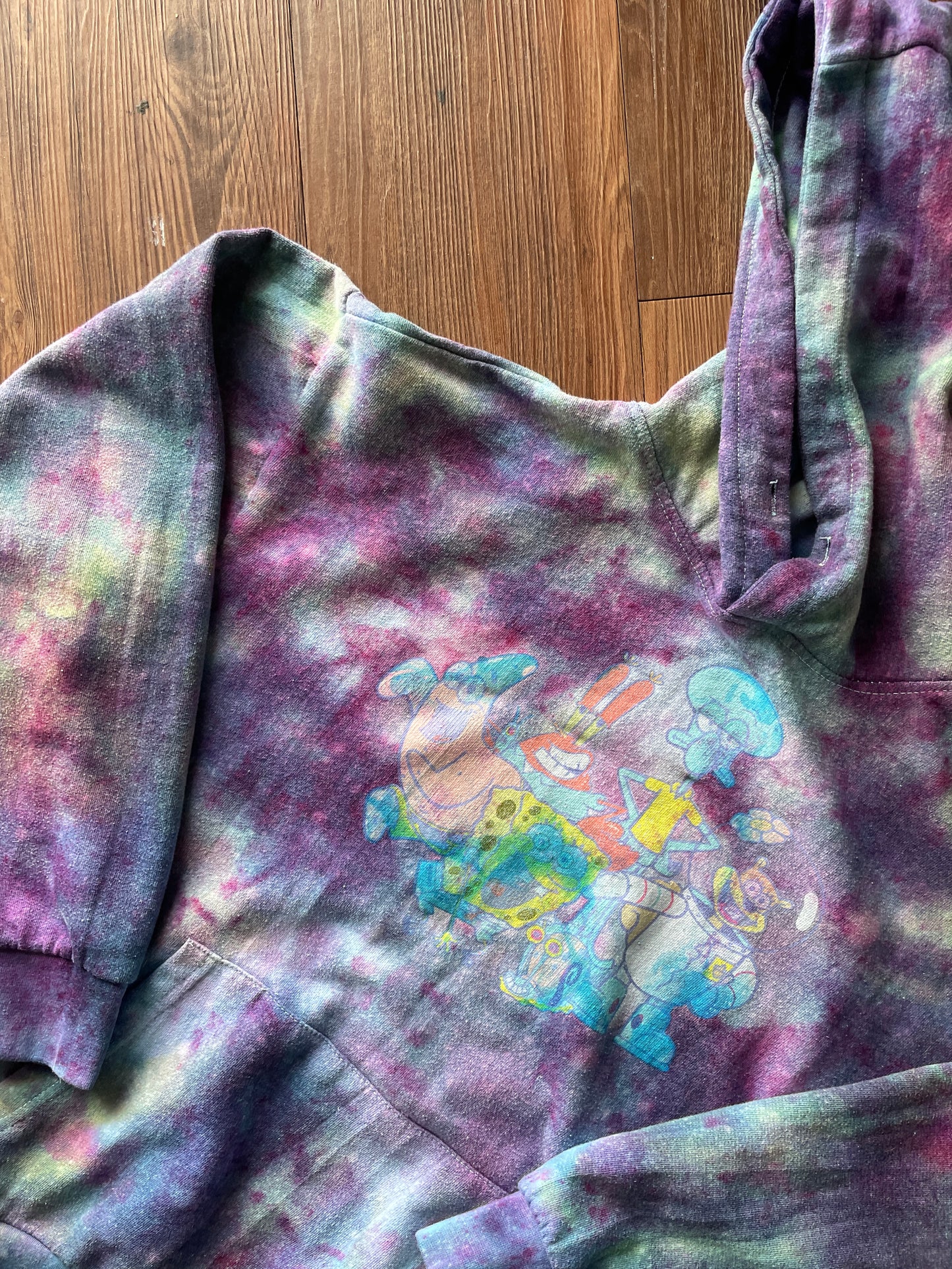 MEDIUM Men’s SpongeBob Squarepants and Friends Galaxy Handmade Tie Dye Hoodie | One-Of-a-Kind Purple and Blue Ice Dye LongSleeve