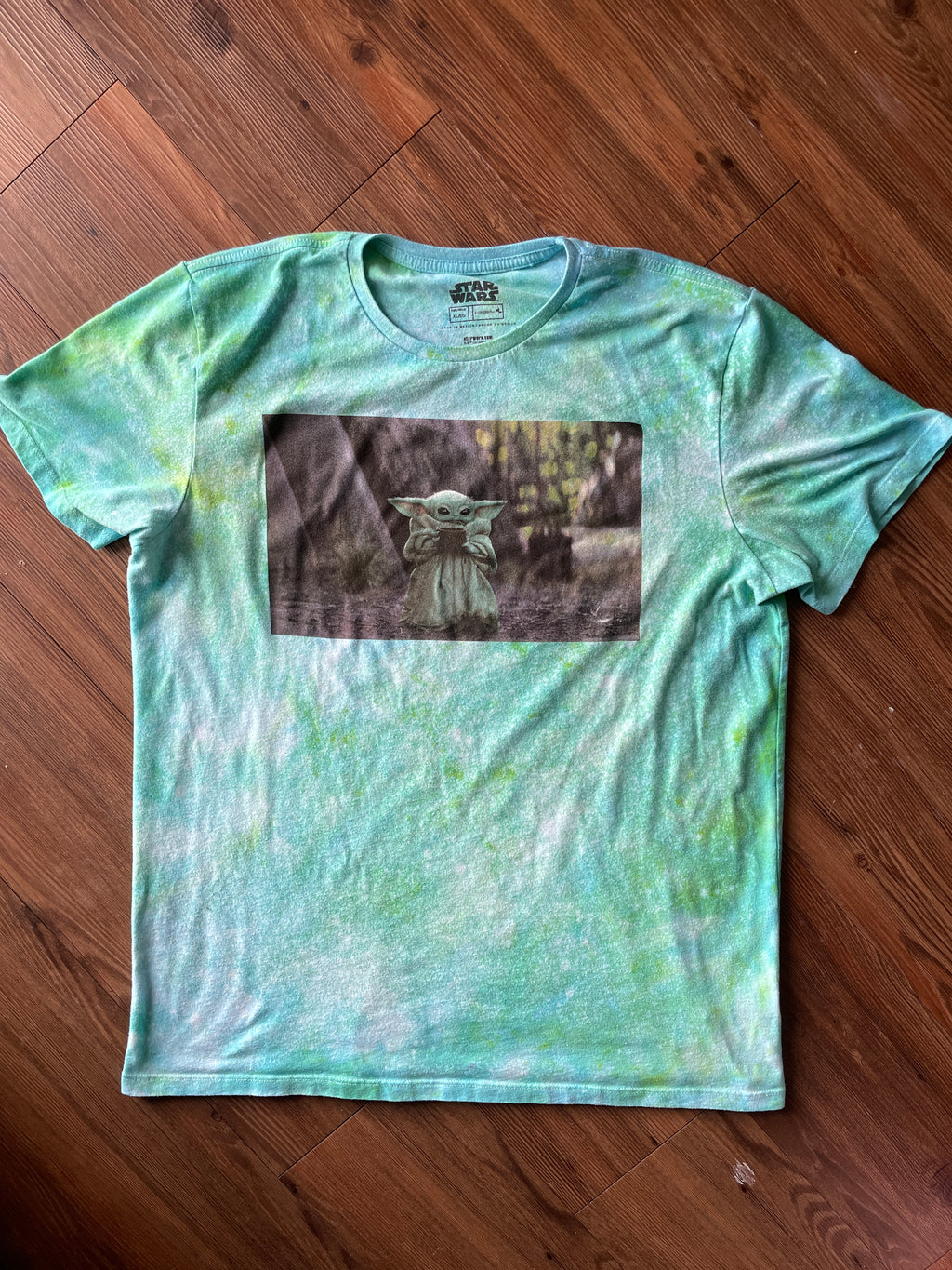 XL Men’s Star Wars The Mandalorian Grogu Galaxy Handmade Tie Dye T-Shirt | One-Of-a-Kind Shades of Green Snow Dyed Short Sleeve