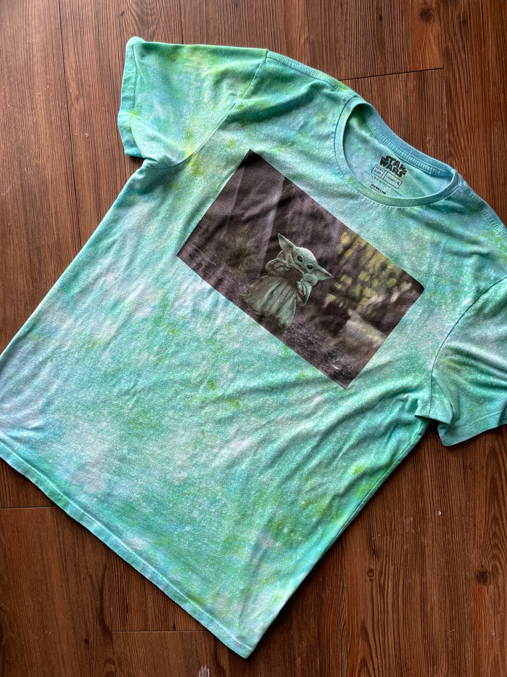 XL Men’s Star Wars The Mandalorian Grogu Galaxy Handmade Tie Dye T-Shirt | One-Of-a-Kind Shades of Green Snow Dyed Short Sleeve